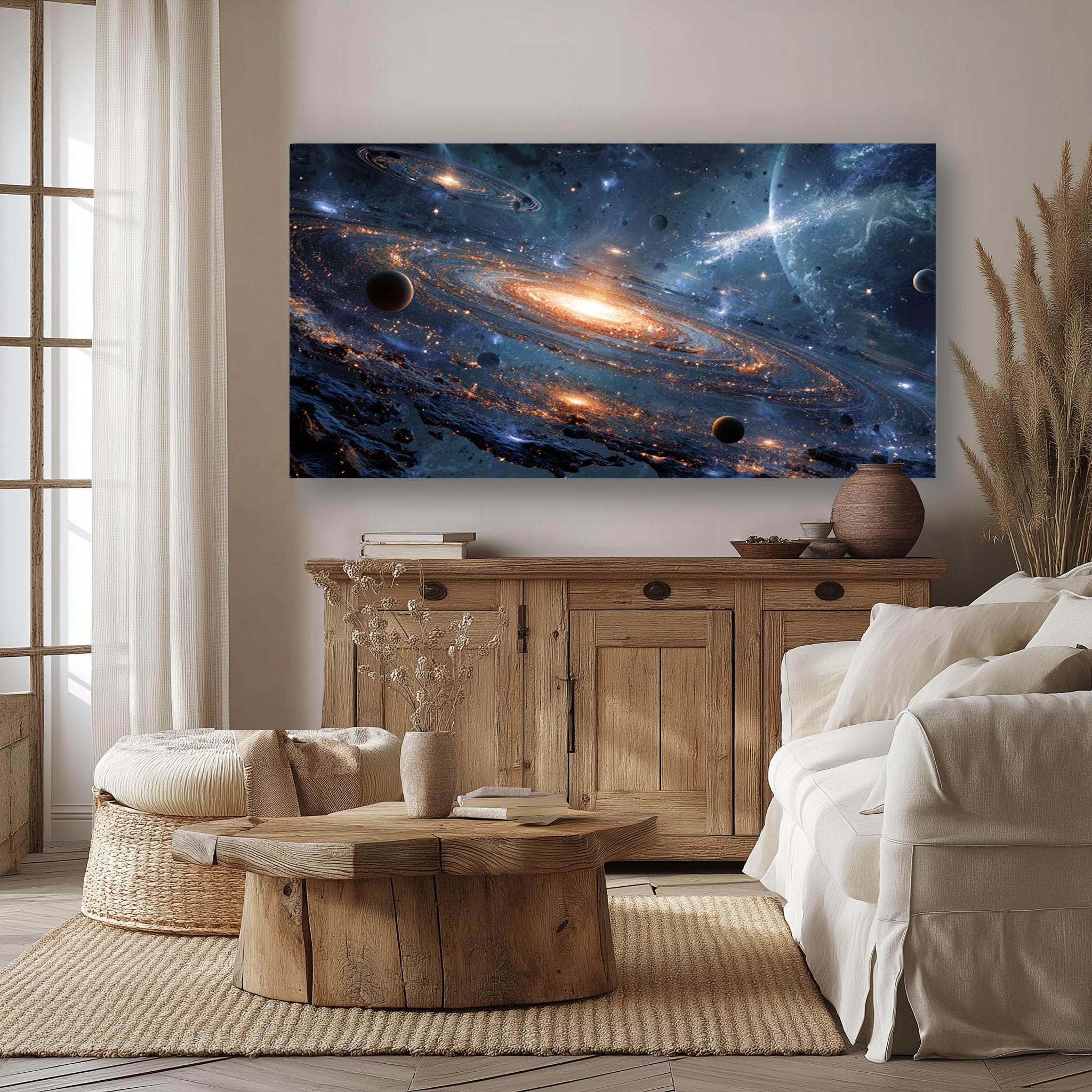 Generico Quadro su Tela Universo Fantasy Decorazioni Parete Senza Cornice | Soggiorno Stelle Di Fantascienza Quadri per Cucina e Salotto, Arte da Parete XXL Blu E Oro Quadro Moderno 80x160 cm