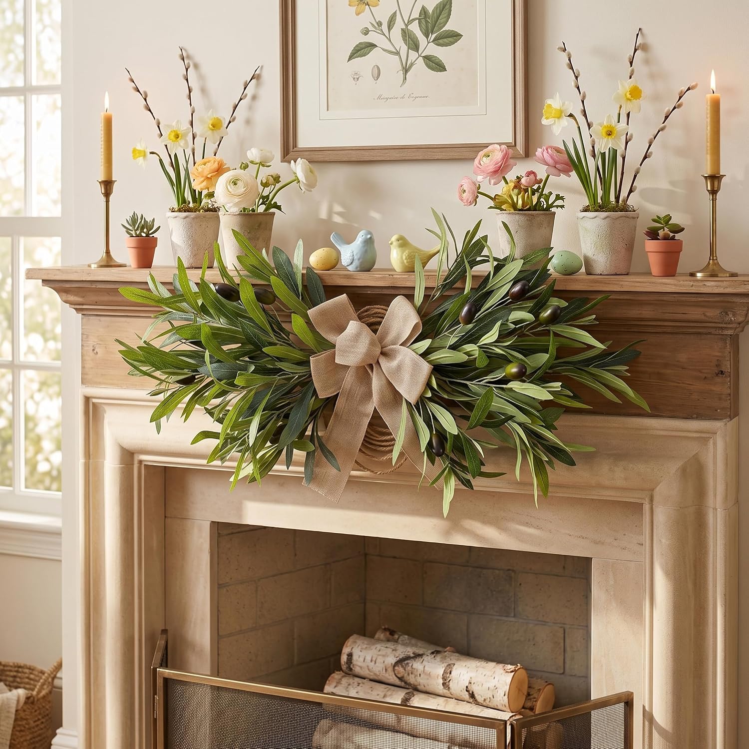 Olive Swag with Linen Bow, Realistic Olive Wreath for Front Door