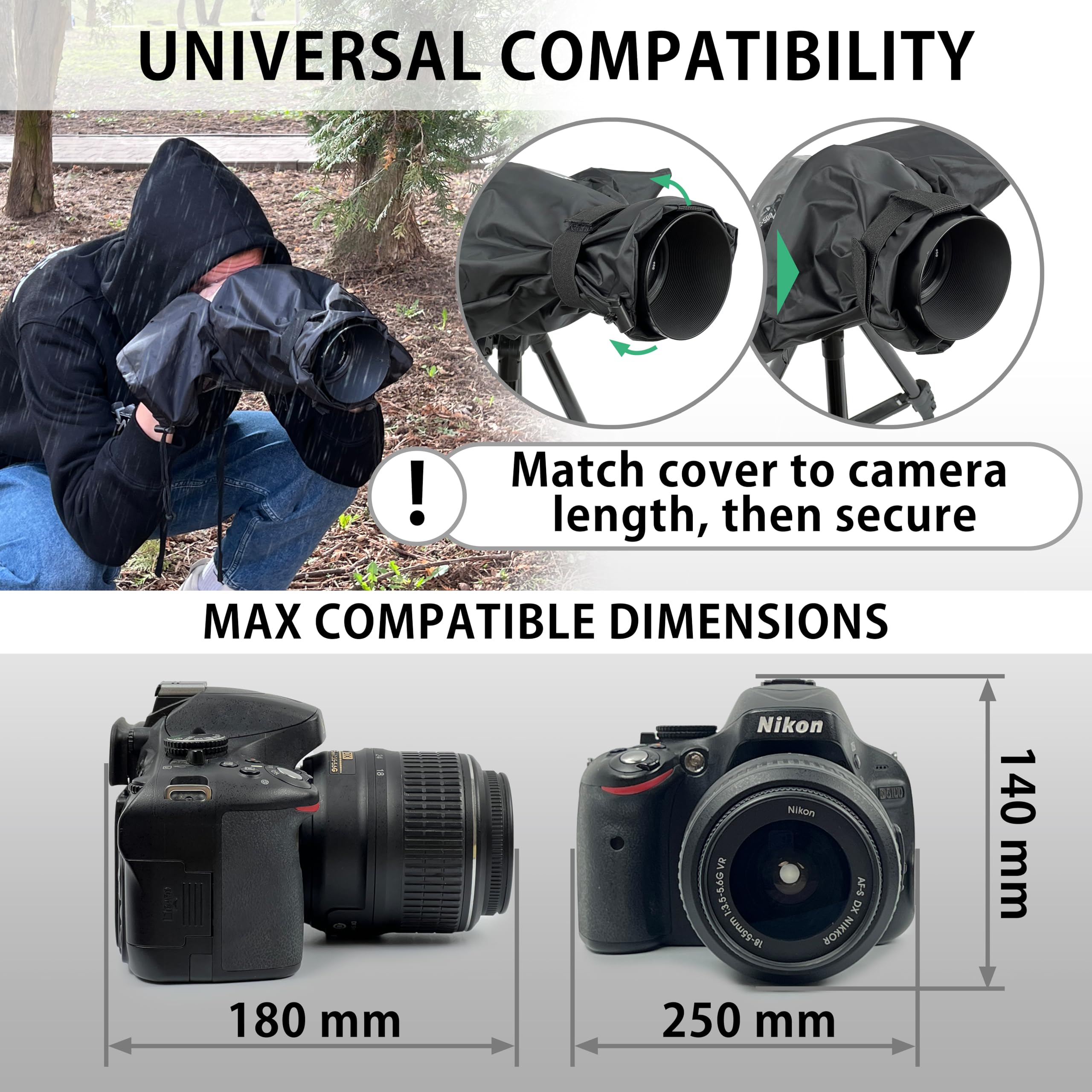 MyGadget Cover Antipioggia per Macchina Fotografica [con finestra trasparente] - Per Obiettivi fino a 18 cm ⌀ - Copertura per fotocamera reflex Nikon | Canon