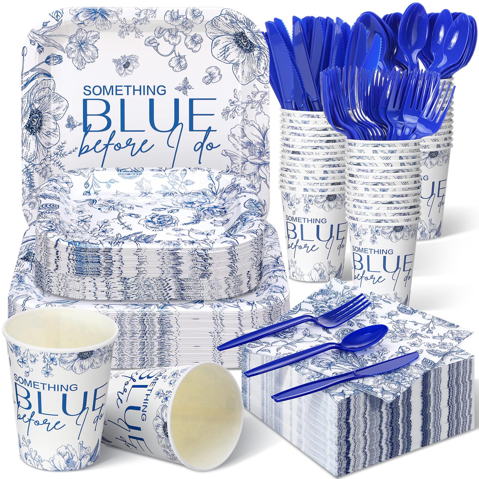 350 Pcs Something Blue Before I Do Paper Plates and Napkins Set 9 Inch 7 Inch Disposable Durable Dinnerware Wedding Bridal Shower Party Supplies