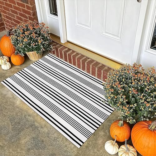Miniatura 8 de OJIA - Tapetes tejidos de algodón para interiores, exteriores, entrada, porche, casa de campo y cocina, tapete a rayas blanco y negro lavable,