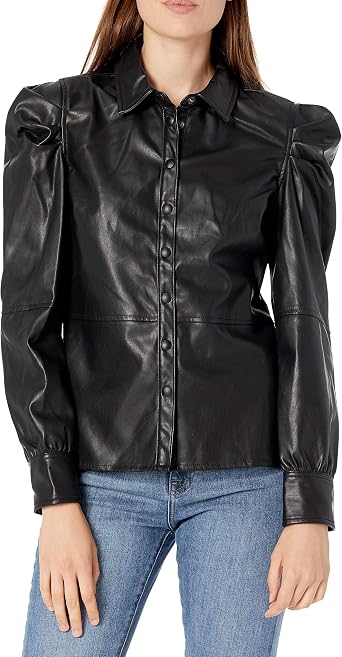 Womens Vegan Leather Button Down Shirt 