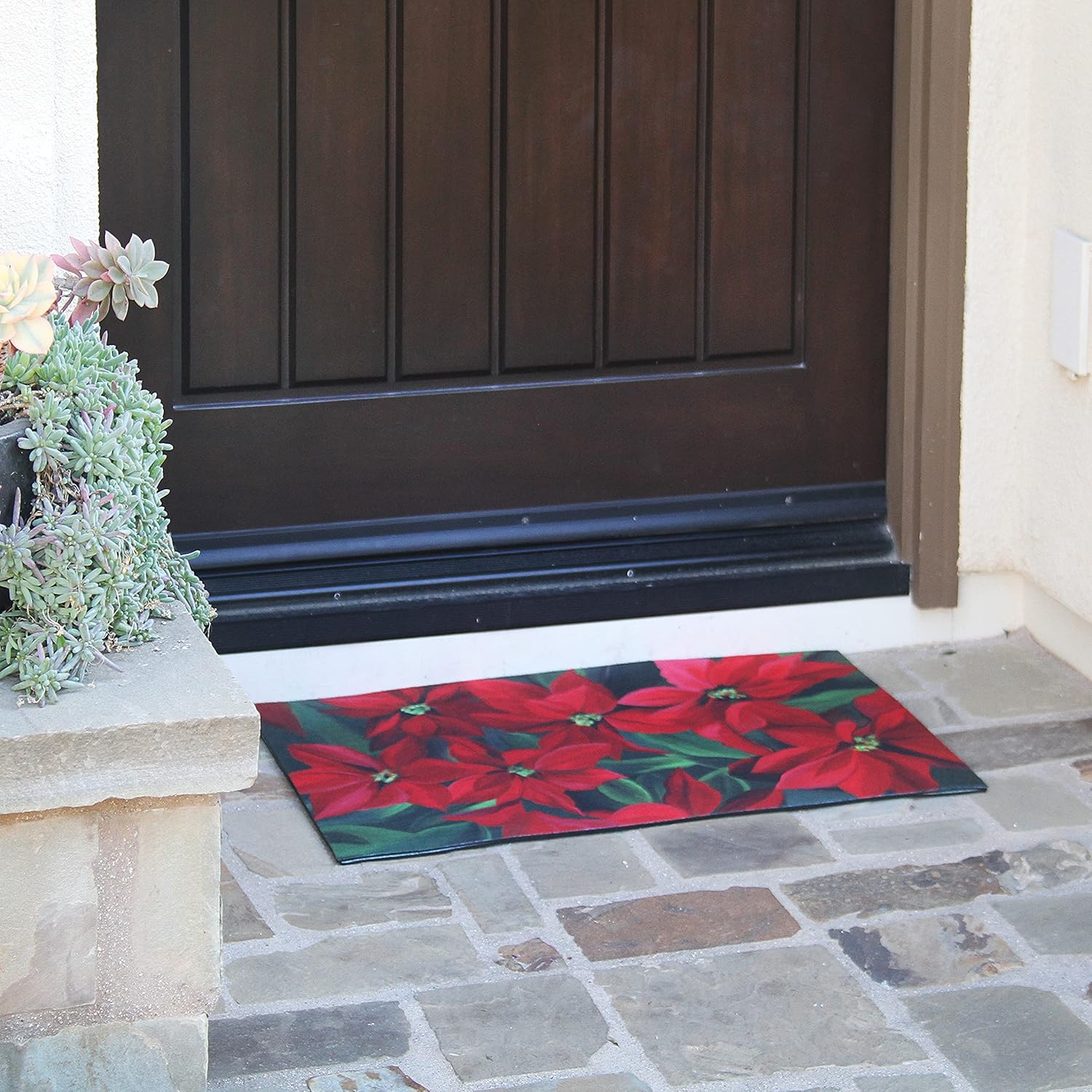 Recycled Rubber Doormat, Eco-Friendly Holiday Floor Mat, 18'' x 30'', Poinsettia