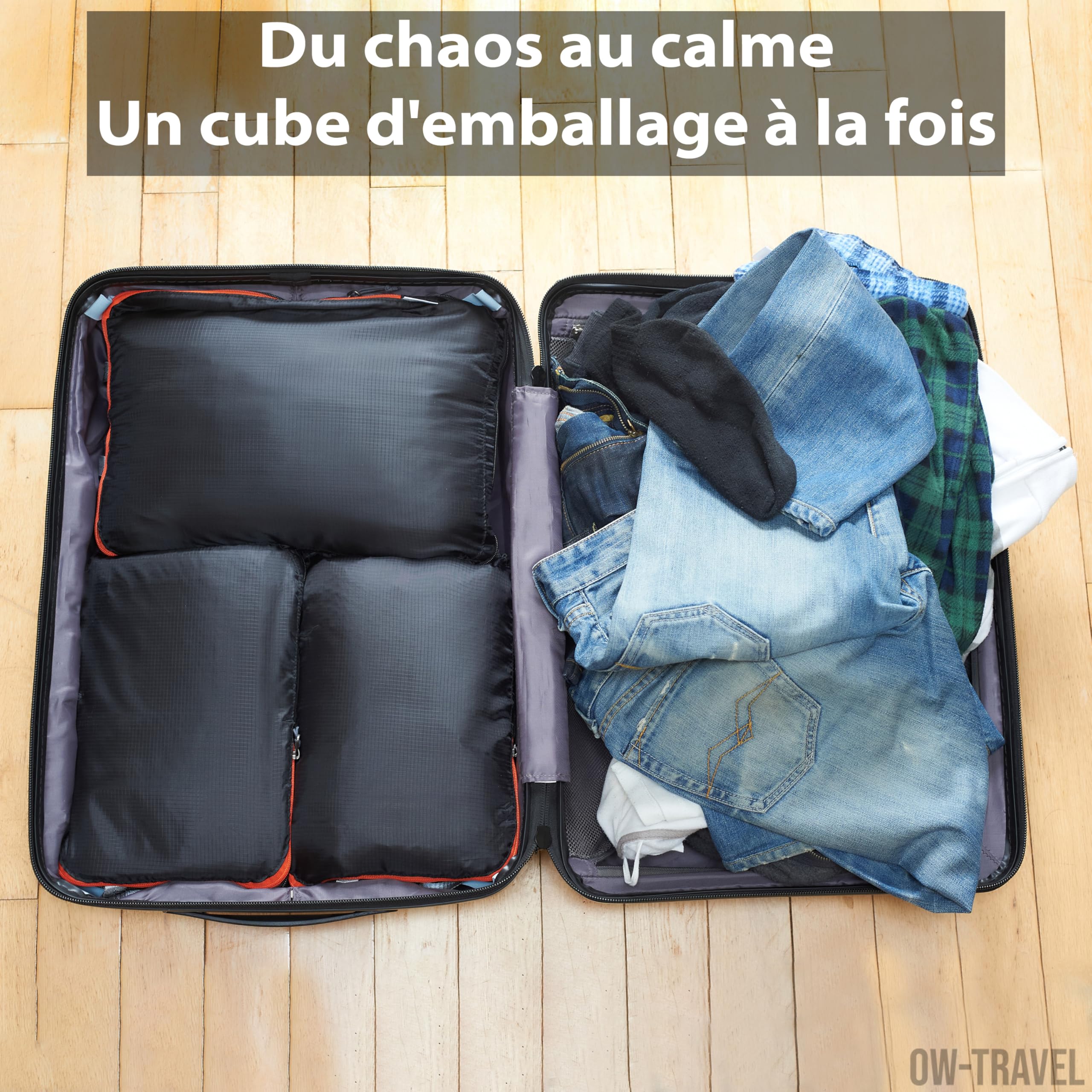 OW-Travel Organisateur de Valise Compressible (4 pièces, Moyen, Noir) Organisateur Valise, Sac de Compression Voyage. Organiseurs de Bagage, Pochette Rangement Voyage pour Sac à Dos. Packing Cubes