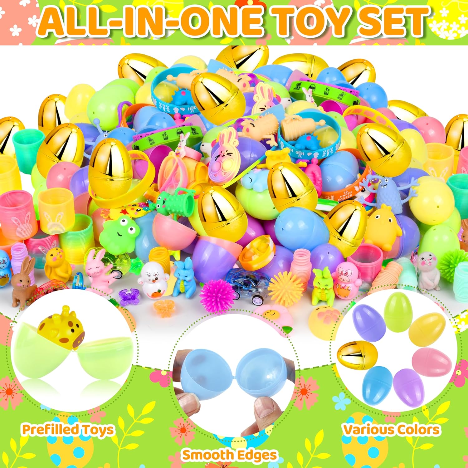 330 Pcs Easter Egg Hunt Set Includes 110 Prefilled Plastic Eggs with 220 Assorted Novelty Toys and Rings, Keychain, Stickers for Easter Baskets and Party Supplies