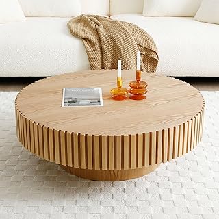 Round Coffee Table for Living Room Contemporary Wood Circle Fluted Coffe...