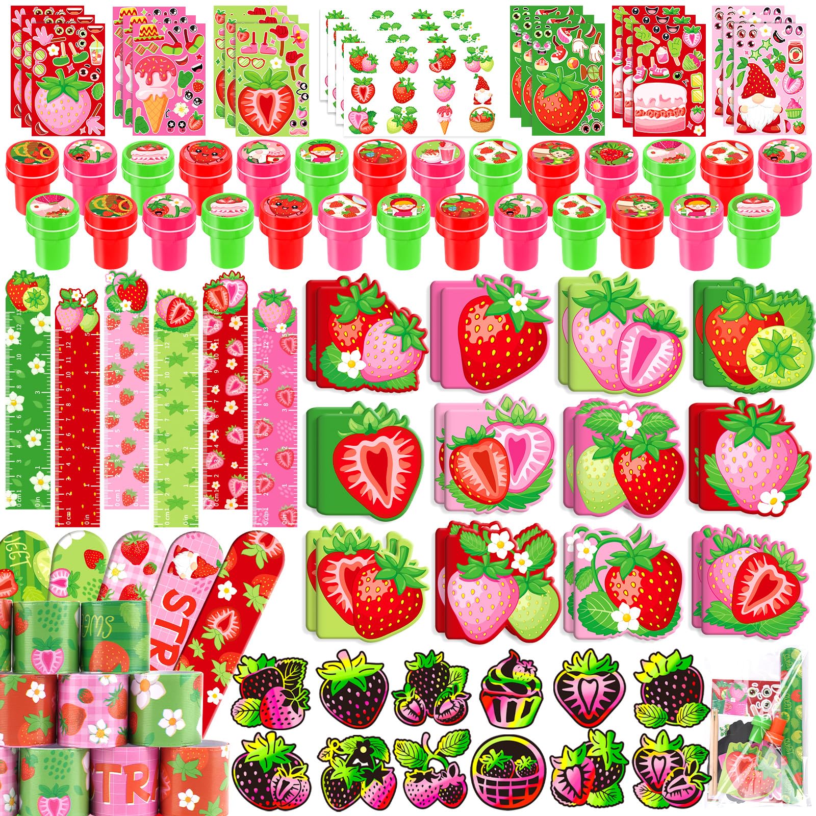 BenLouis 96 piezas de recuerdos de fiesta de fresa, artículos de papelería escolares a granel para niños, aula, regalo de cumpleaños, caramelos, bolsas de golosinas, decoración de frutas, fresas