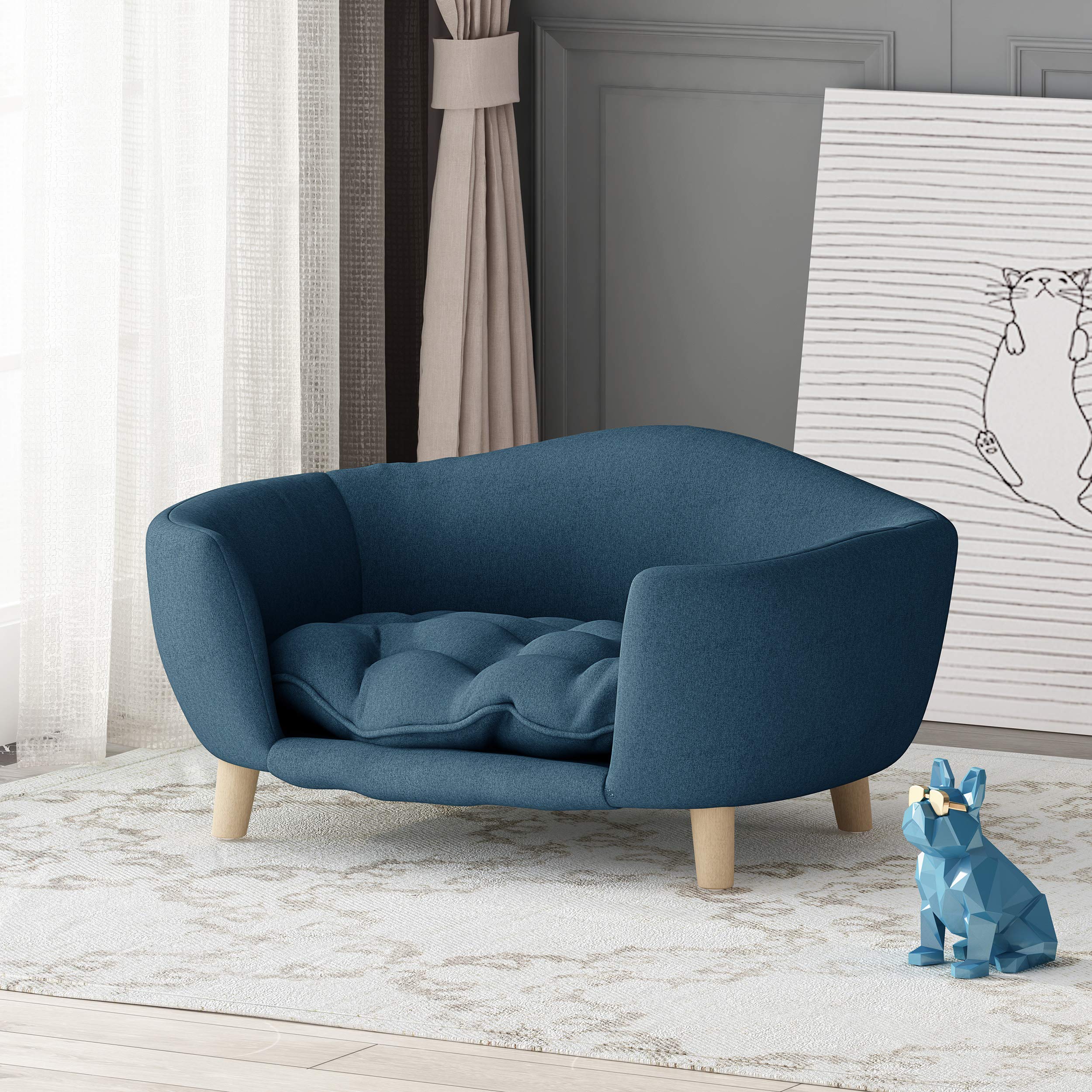 GDFStudio Mid Century Small Plush Pet Bed, Navy Blue and Natural Finish