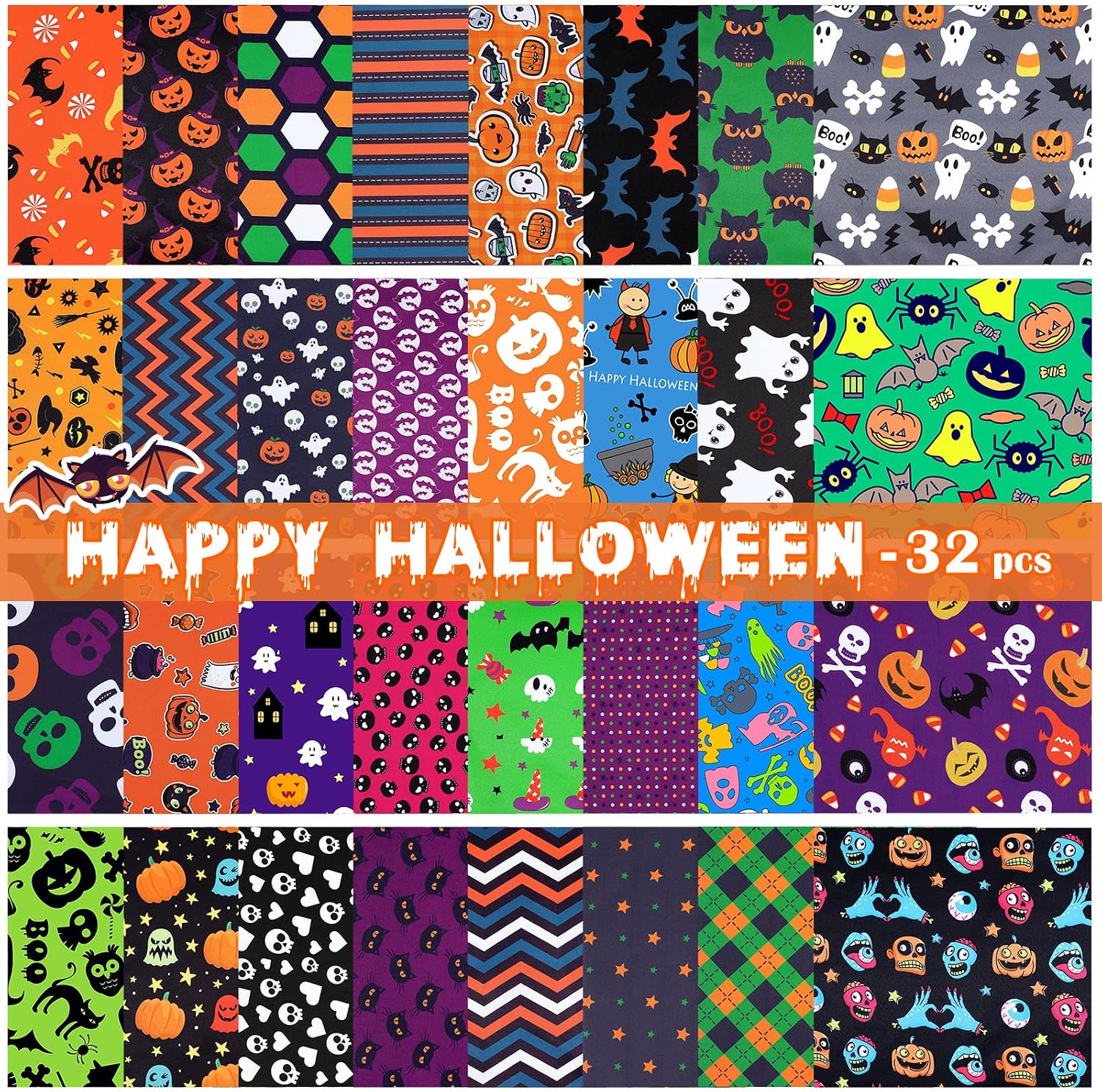 Tudomro 32 Pcs 10 x 10 Inches Halloween Fabric Holiday Quilting Cloth Fat Quarters Printed Sewing Craft Bat Pumpkin Ghost Skull Fabric for DIY Halloween Decor Patchwork Supplies