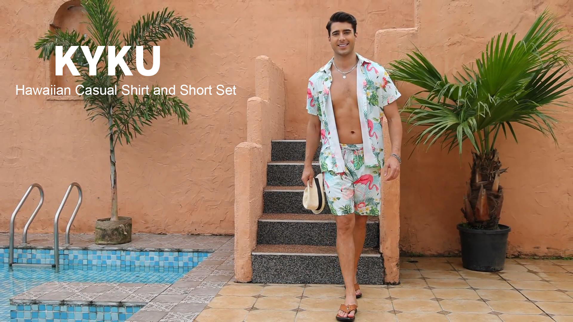 Tenue Hawaïenne Homme KYKU 2 Pièces - Chemise Et Short, Manches Courtes, Boutonnage, Motifs Tropicaux