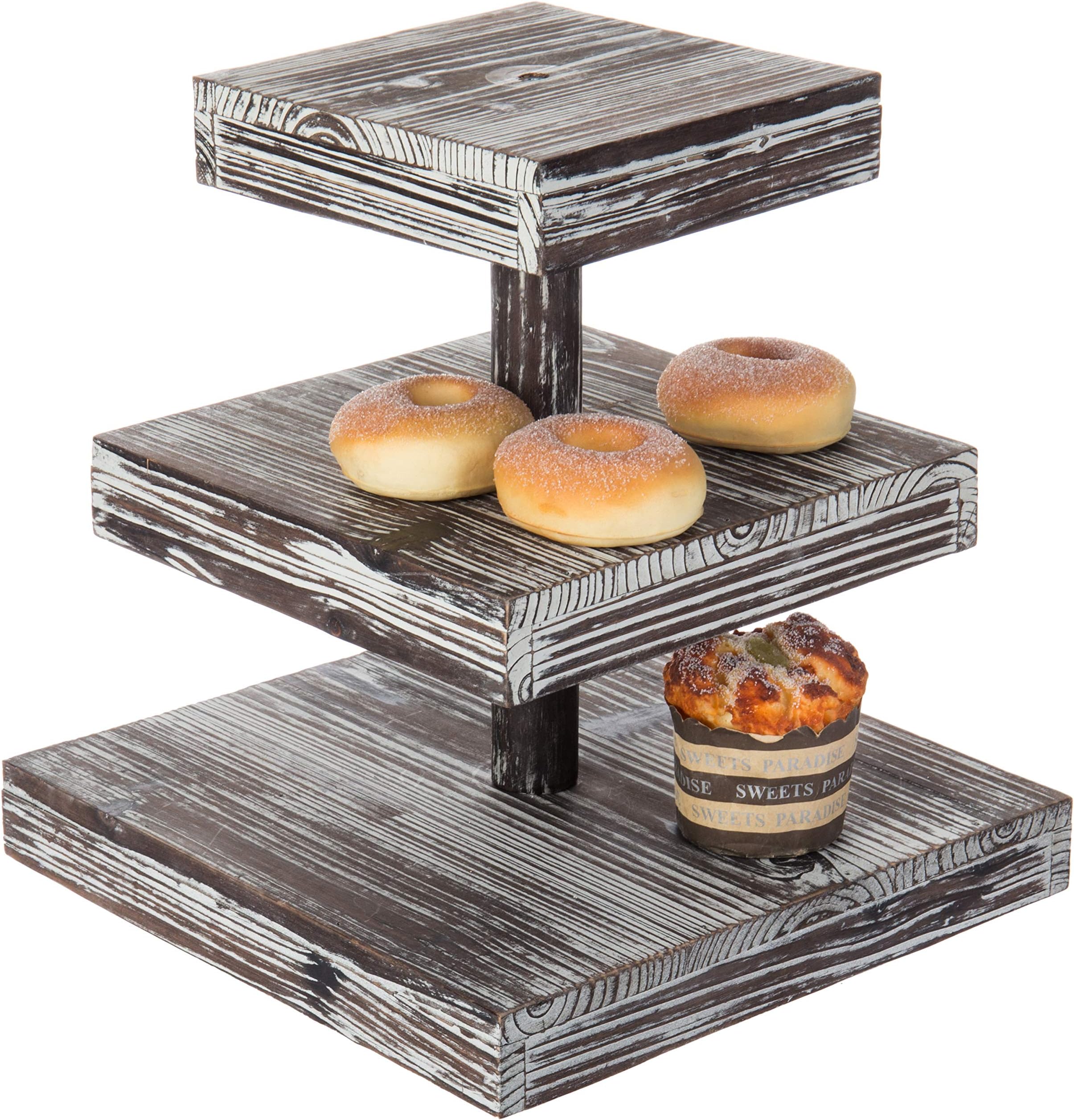 3 Tier Rustic Torched Wood Square Cupcake Tower and Cake Stand, Tiered Wooden Dessert Serving Tray, Appetizer Display Riser, Tea Party Table Decor