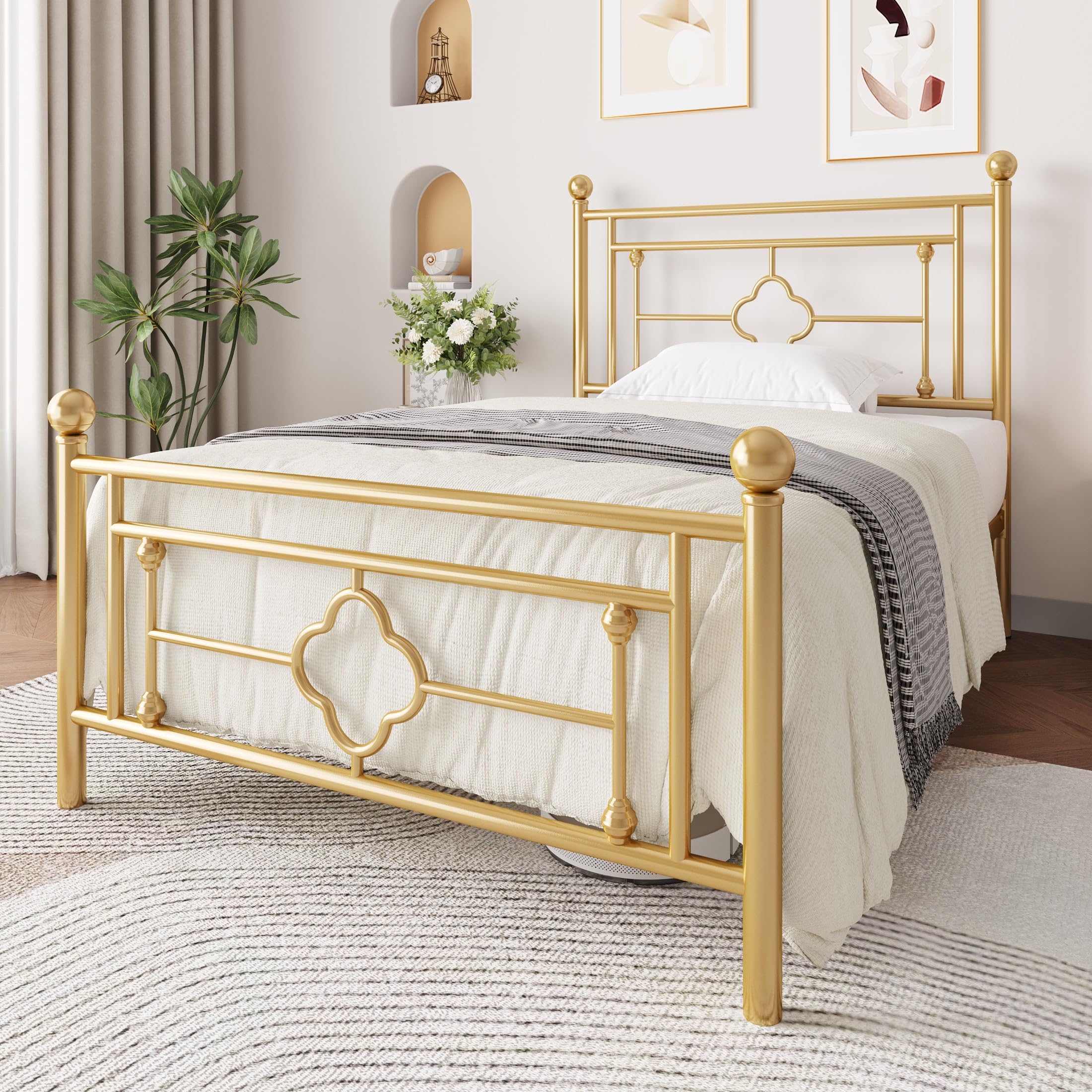 MUTICOR Struttura Letto in Metallo 90x200 cm, Letto Moderno per Camera da Letto o Stanza degli Ospiti con Testiera e Doghe, Silenzioso, Facile da Montare, con Spazio di Stoccaggio, Oro