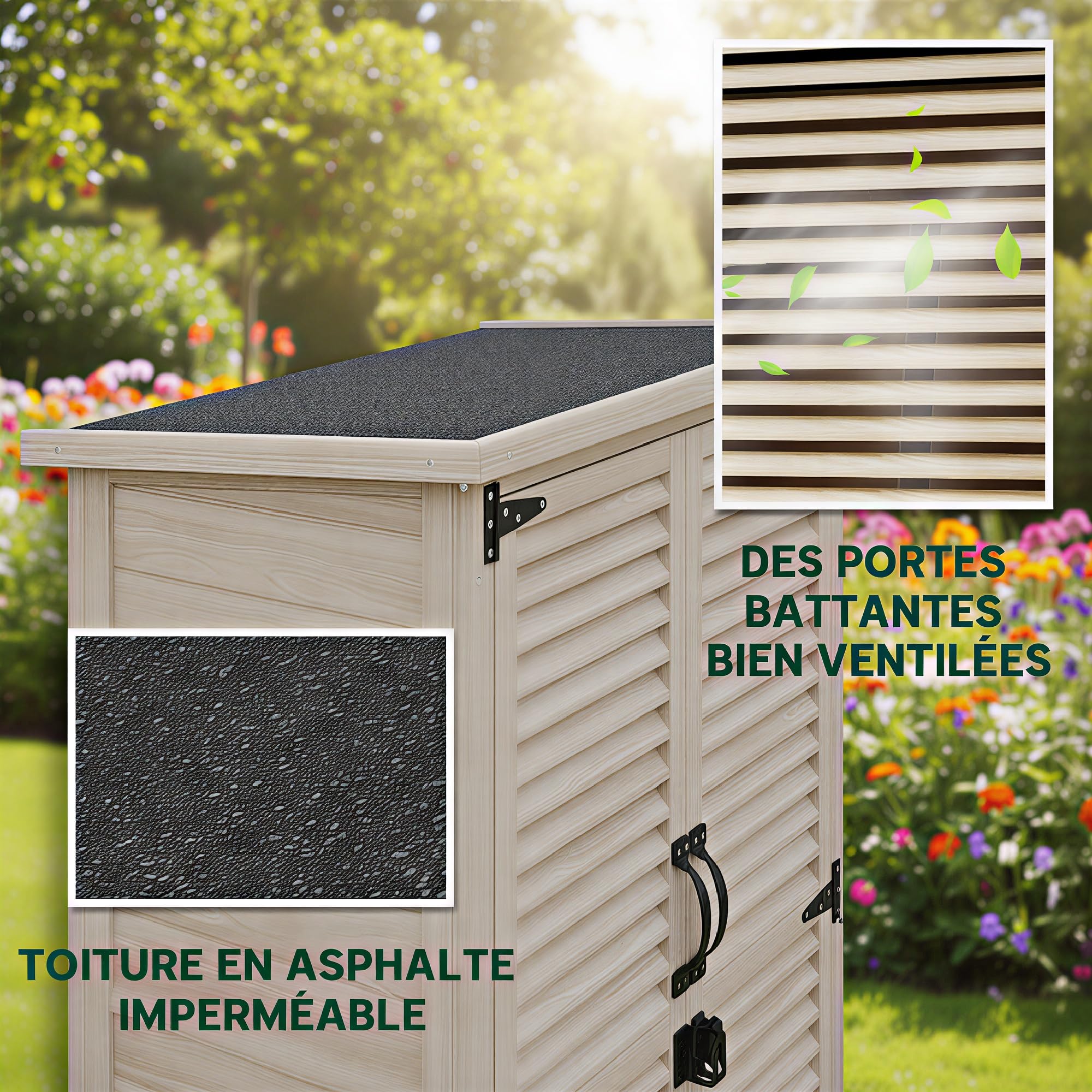 Outsunny Gartenschrank, Schuppen für Werkzeuge aus Holz, 2 Regale, Dach, Bitumendach, abschließbar, 75 x 50 x 118 cm, Natur