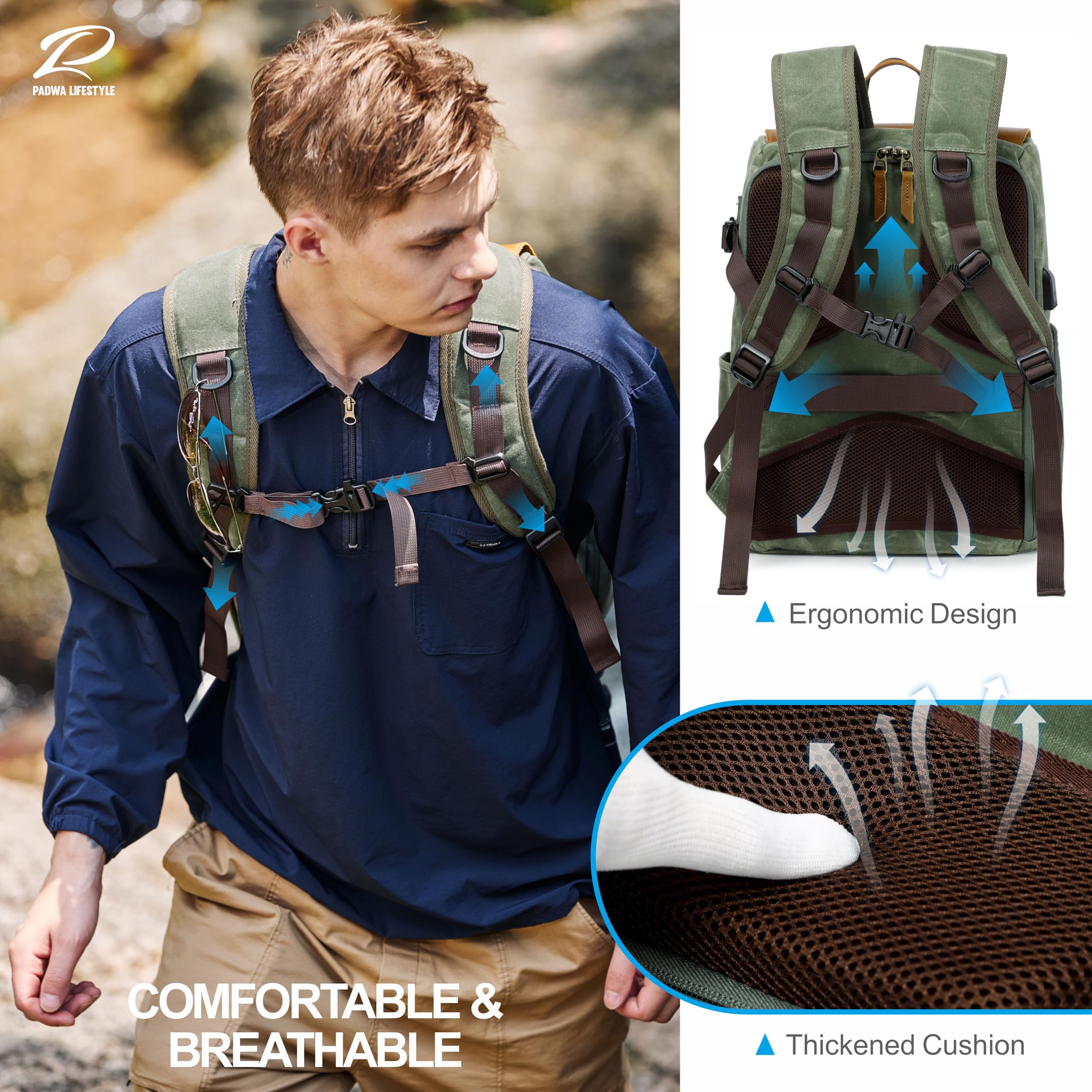 Padwa Lifestyle Grüner Kamerarucksack - wetterfeste Kameratasche aus gewachstem Memory Canvas mit 16“ Laptop-/Objektivfach und Stativfach, Mehrzweck-Kamerarucksack für professionelle Fotografen