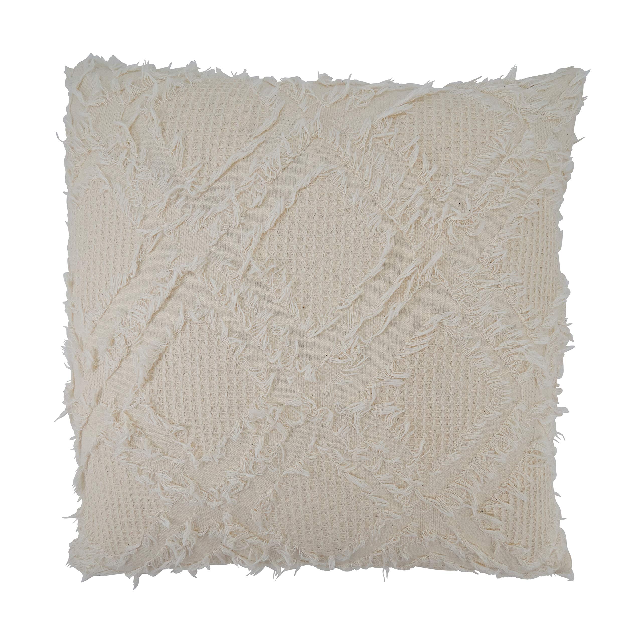 SARO LIFESTYLE Ivoryline Collection Fringe Waffle Weave Pillow Cover 18 x 18 Ivory