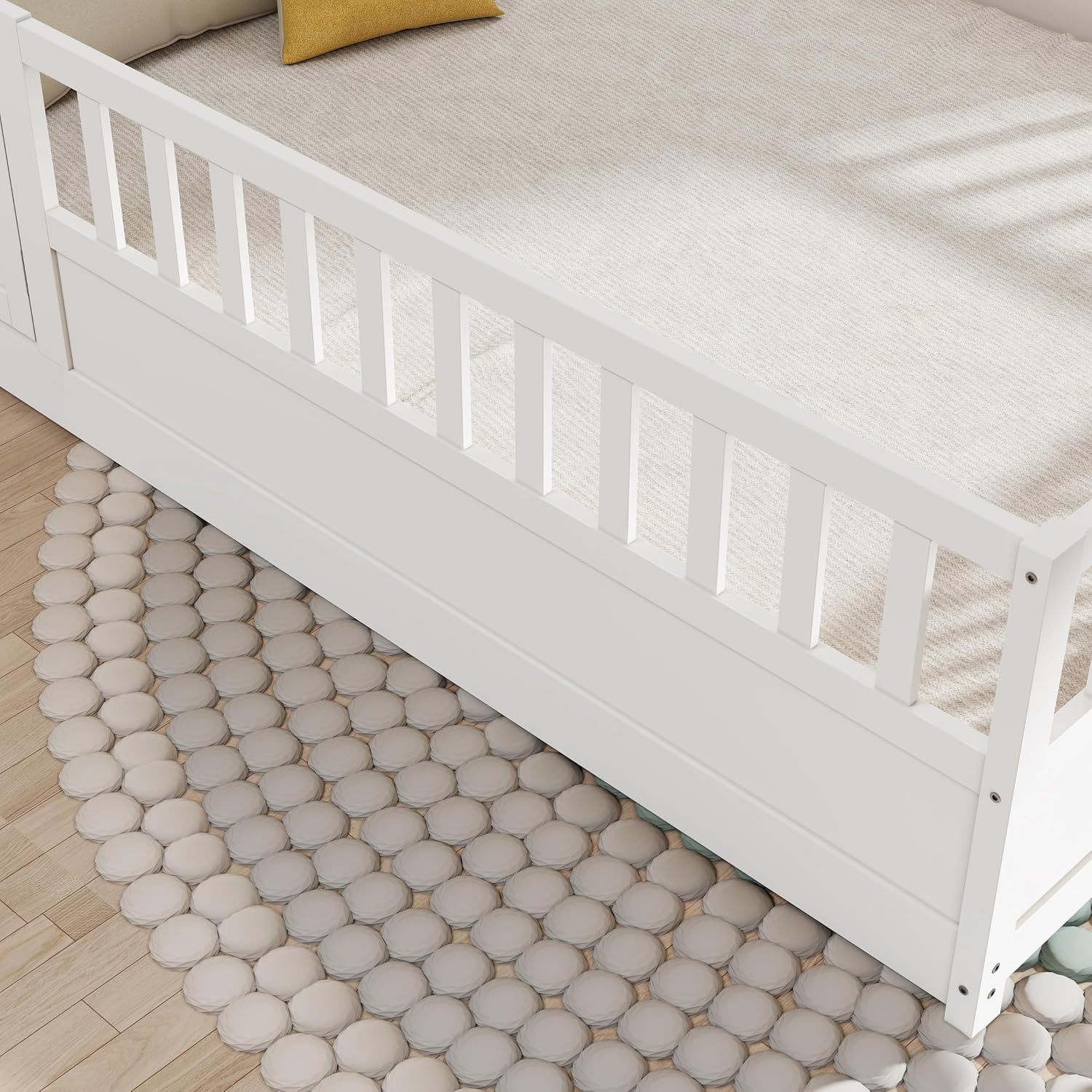 Full Size Floor Bed with Slats, High Fence and Door, Kids Floor Bed Full Size, Full Size Montessori Floor Bed for Kids, Girls, Boys, White Montessori Bed Full Size(White Full)