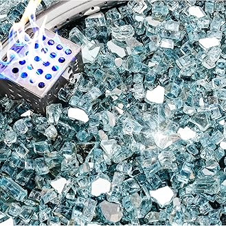 NUPICK 5 Pound Fire Glass, 1/4 Inch Reflective Fire Pit Glass, Tempered Firepit Glass Rock for Propane or Natural Gas, Glass Rocks for Fire Pit Table, Fireplace Glass for Landscaping, Aqua Blue