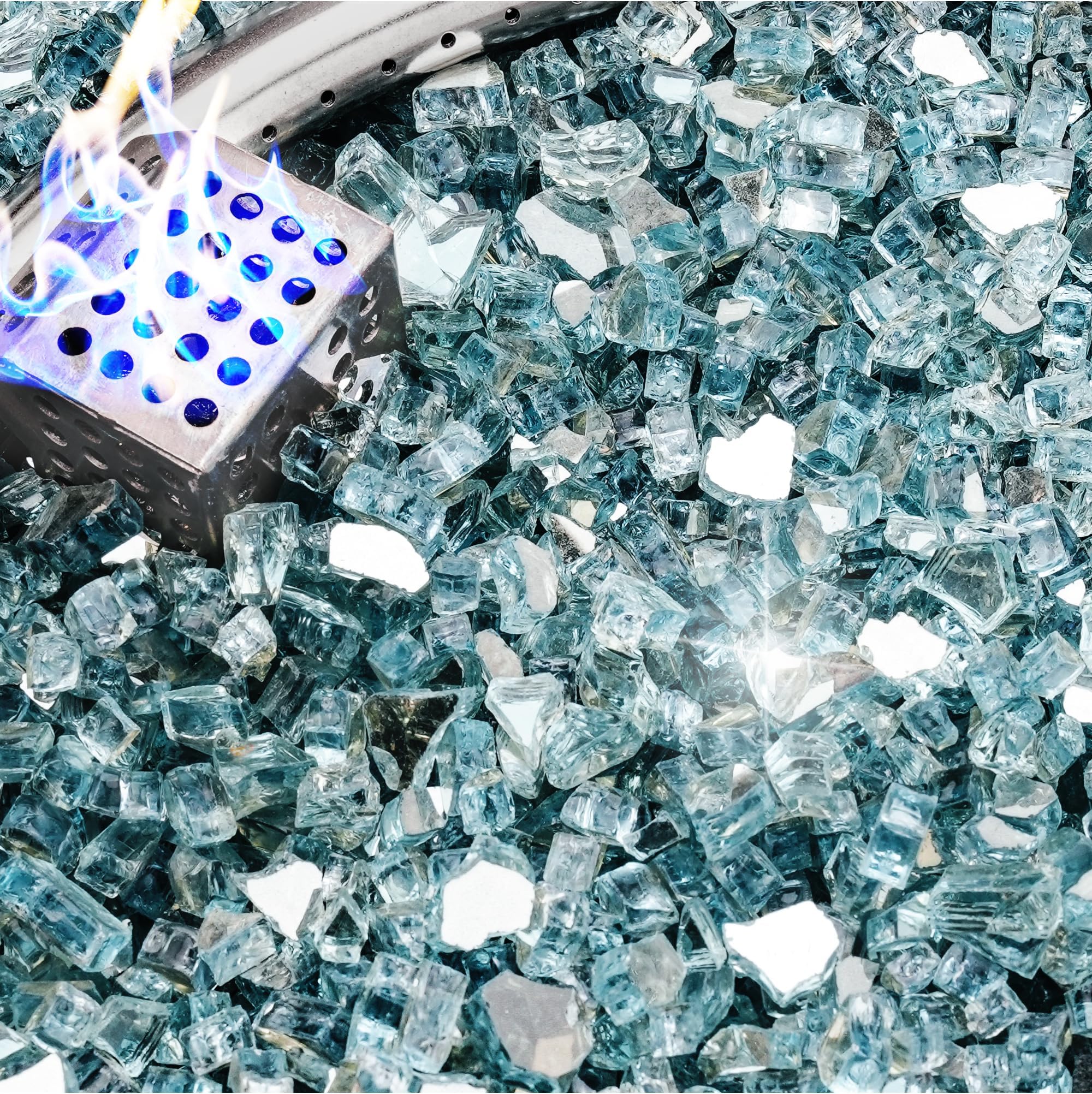 NUPICK 5 Pound Fire Glass, 1/4 Inch Reflective Fire Pit Glass, Tempered Firepit Glass Rock for Propane or Natural Gas, Glass Rocks for Fire Pit Table, Fireplace Glass for Landscaping, Aqua Blue