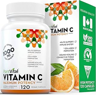 PlantVital Vitamin C 1000mg MAXIMUM STRENGTH. 120 Vegan Capsules Canadian Made, Vit C Supplements helps support immune system, collagen & connective tissue formation, maintenance of bones, teeth & gums (1 Bottle)