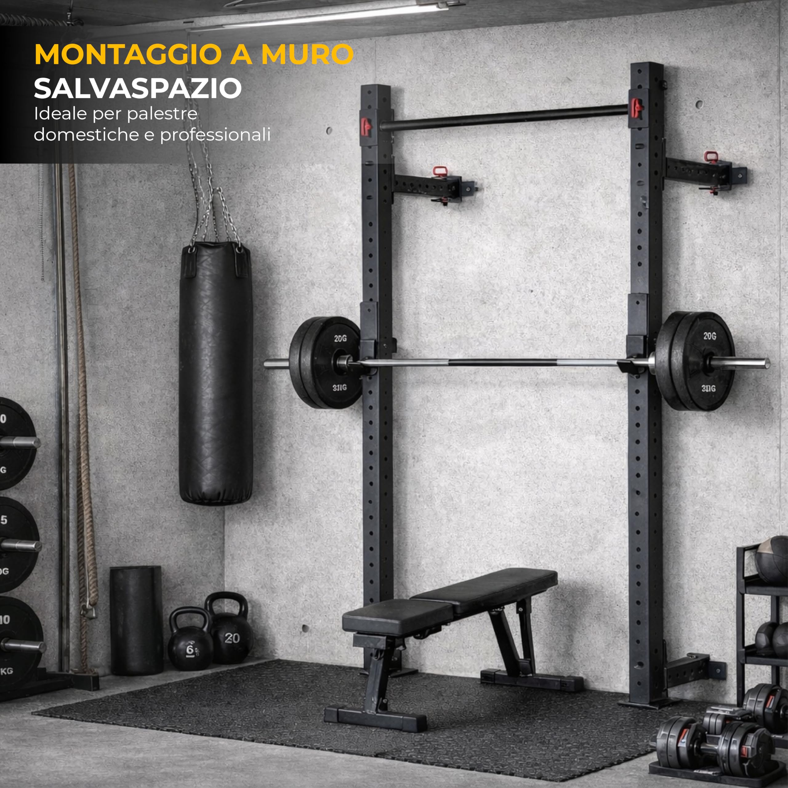 Power Rack da Muro per Allenamento con Bilanciere – Struttura in Acciaio Regolabile – Ideale per Squat, Panca e Allenamento Funzionale