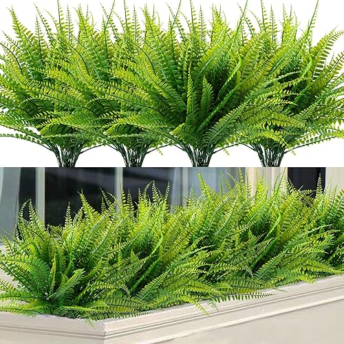 12 Bundles Artificial Boston Ferns for Outdoors Fake Fern Plants Artificial Greenery Stems Faux Shrubs UV Resistant for Home Garden Front Porch Table Window Box Indoor Outdoor Decorations