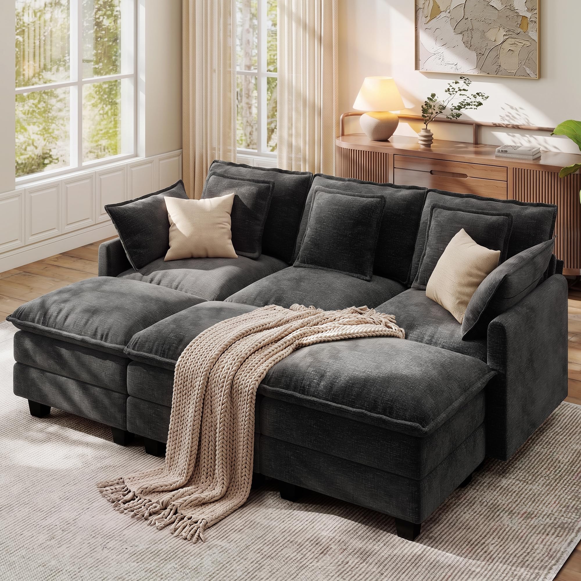 Ihanherry 83" Modular Sectional Cloud Sofa, Convertible Sofa Bed 6 Seat Chenille Couch with Movable Ottomans and 48" Deep Seat, Couches for Living Room, Black