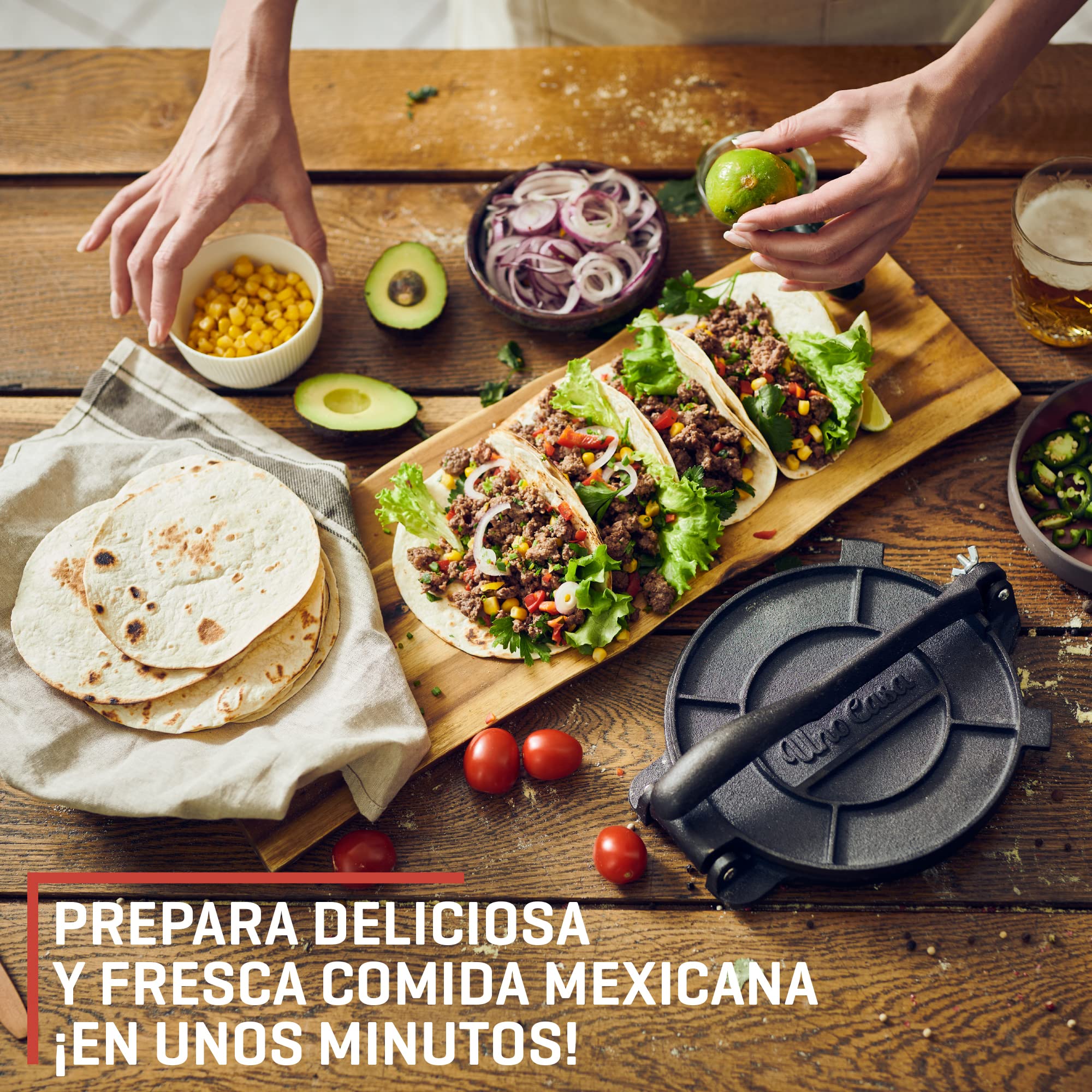 Uno Casa Prensa de tortilla de hierro fundido, 8 pulgadas, máquina de tortillas presazonadas para tortillas de maíz con 100 piezas de papel pergamino – Máquina Roti Maker Chapati, prensa de tacos,