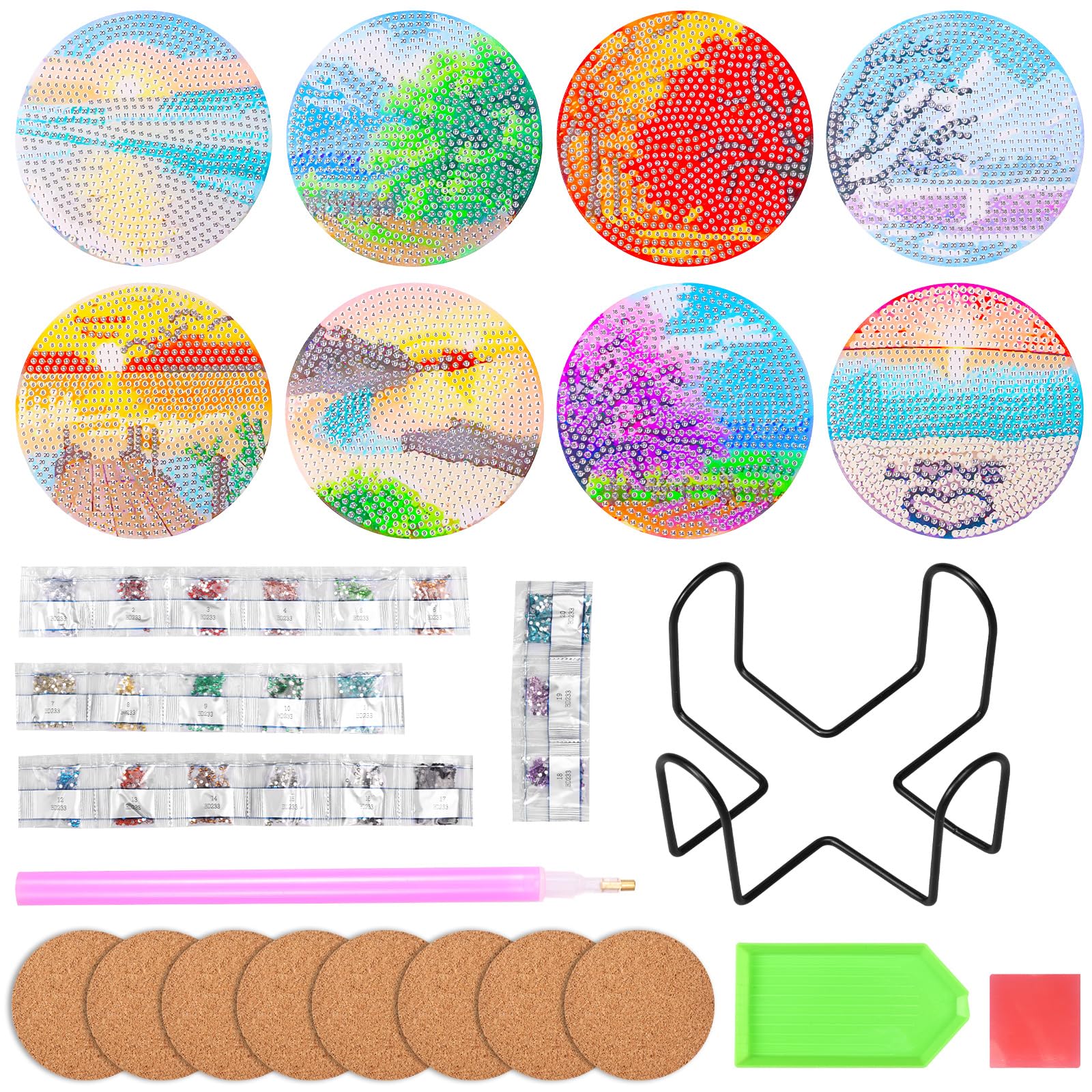 PATNFR 8Pcs Diamond Paintings Coasters Kit Versatile Diamond Art Coasters Kits with Holder Landscape Round 5D Full Drill DIY Art Cup Coaster Tabletop Protection for Beginners Crafts Supplies Present