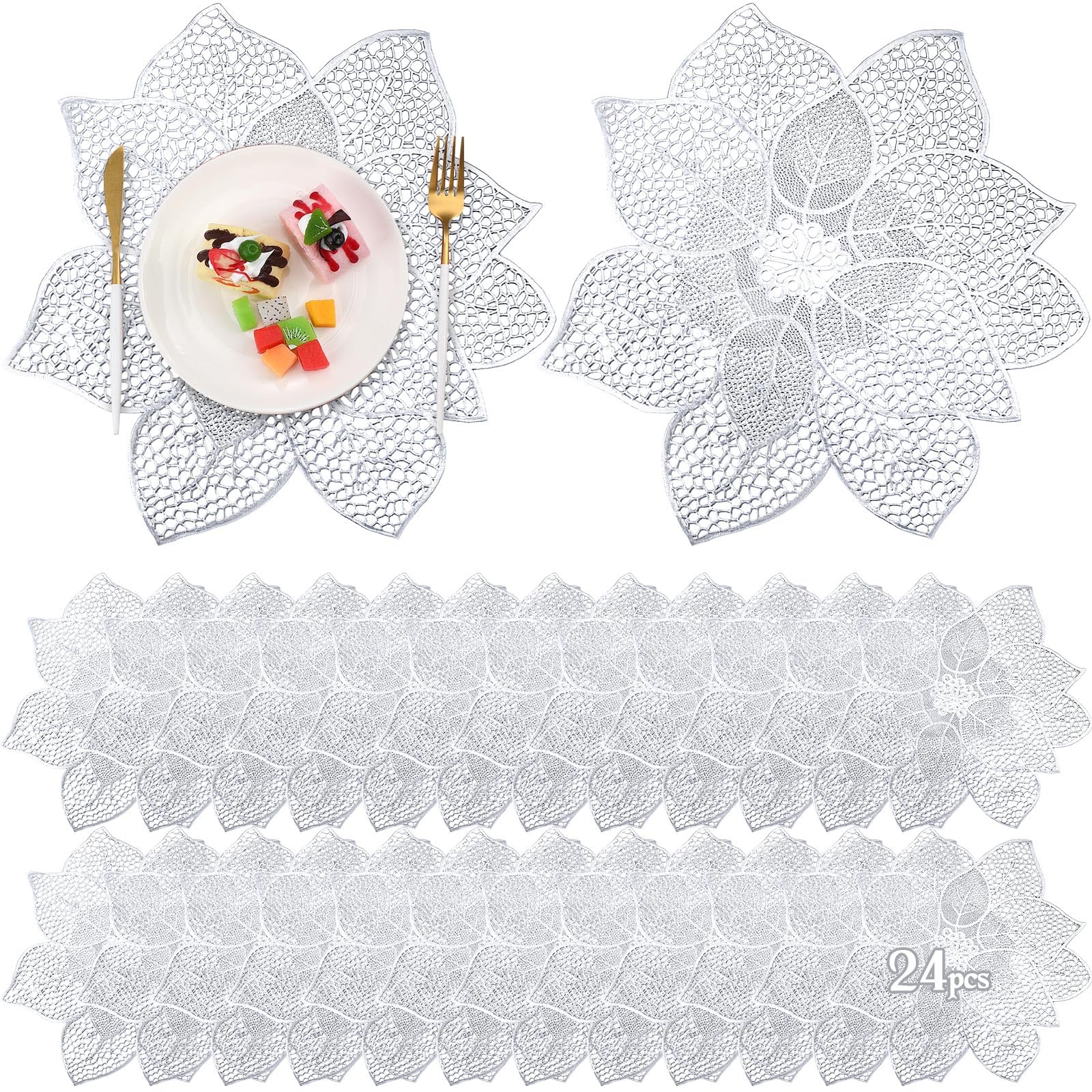 Jinei 24 Pack Christmas Poinsettia Place Mats Round Bauhinia Table Mat Metallic Vinyl Plastic Flower Place Mat Washable Decoration for Holiday Tabletop Doilies Centerpieces Wedding Party (Silver)
