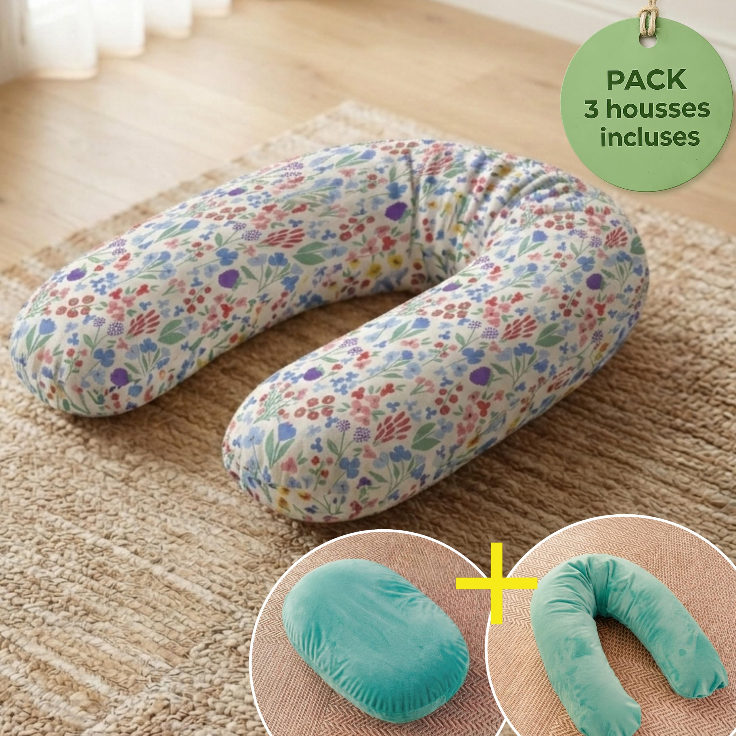 Babysom Pack cuscino per maternità evolutivo, 2 federe incluse (cotone fiore blu e minky morbido) + charlotte nido, doppio comfort, estate/inverno, certificato Oeko-Tex, XXL 170 cm