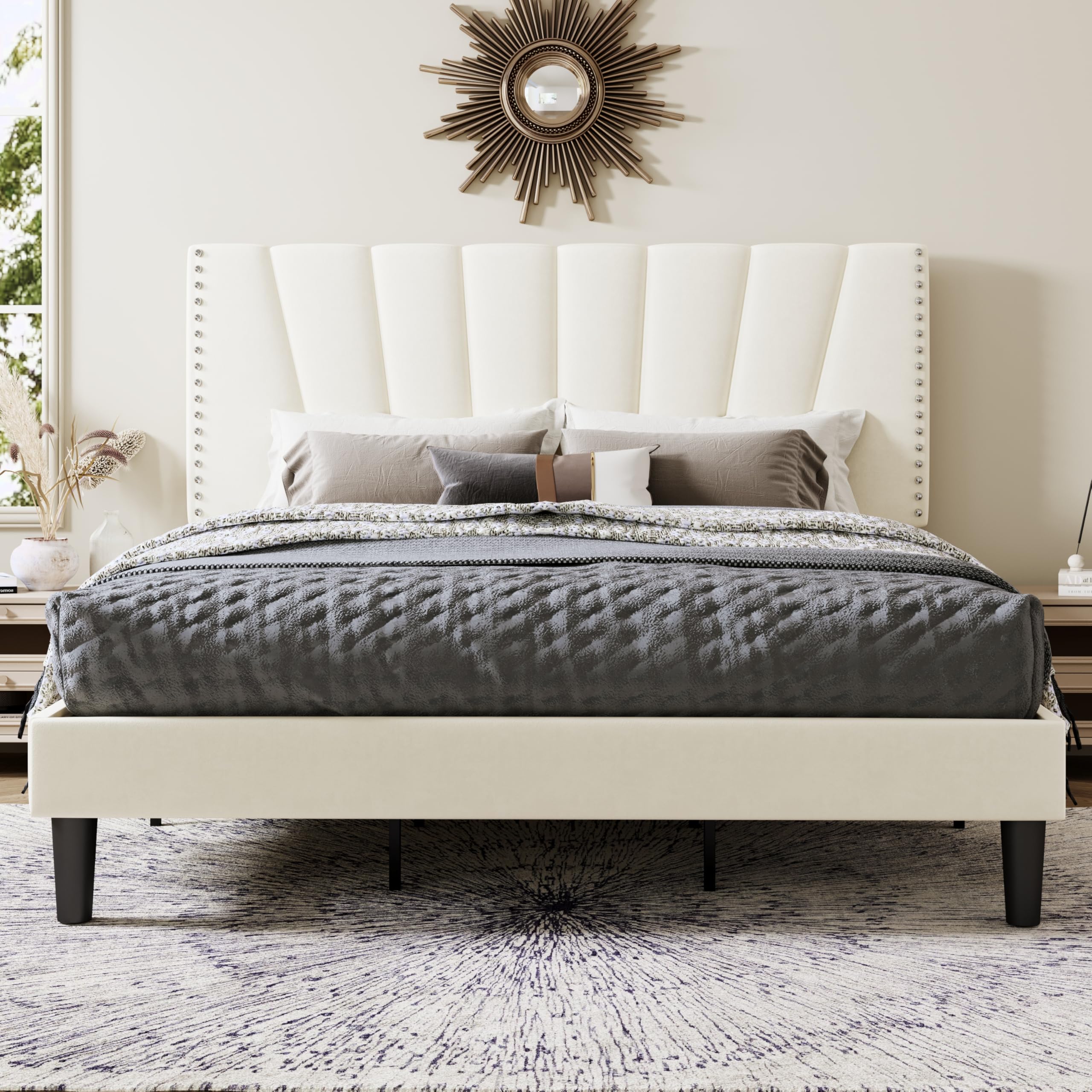 Allewie King Size Velvet Platform Bed Frame with Adjustable Headboard Cream