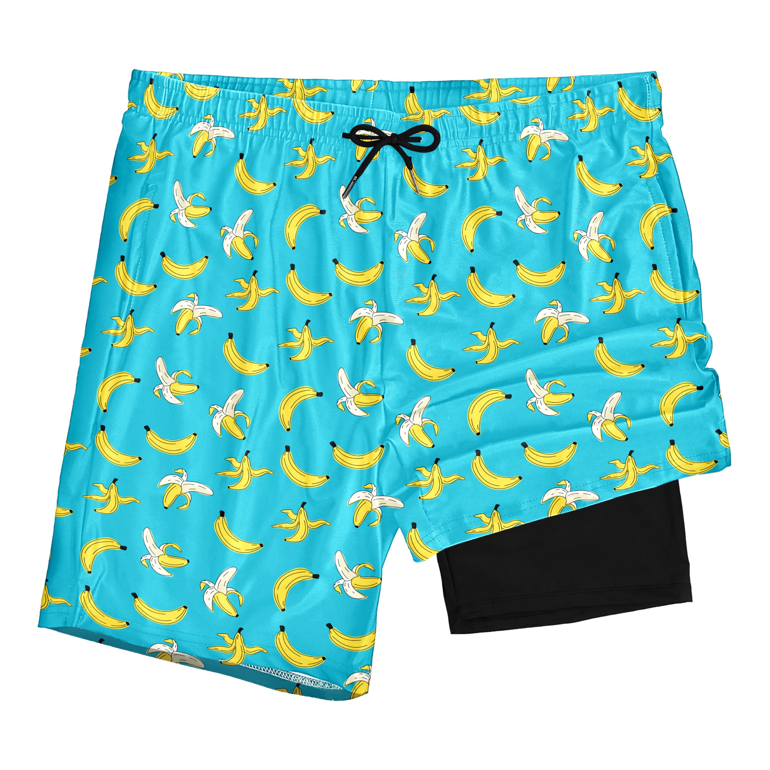 Photo 1 of Mens Swim Trunks with Compression Liner, 7 Inch Inseam Stretch Quick Dry Swim Trunks for Men Swimming Trunks, Green Banana Fruit Mens Board Shorts Swimwear Bathing Suit Beach Shorts, Large