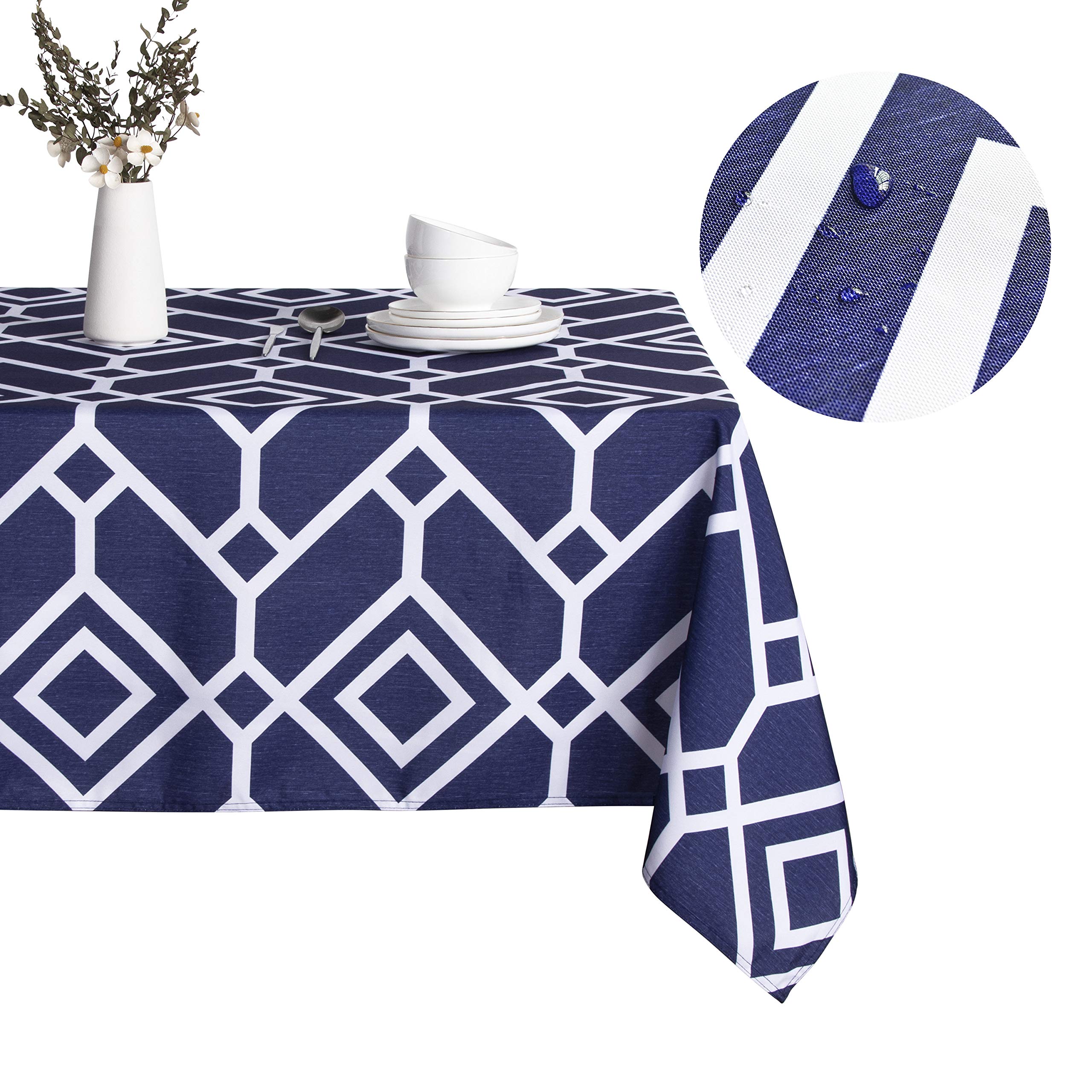 LUSHVIDA Moroccan Rectangle Table Cloth, 60 x 84 Navy - Washable Water Resistance Microfiber Tablecloth Decorative Fabric Table Cover for Picnic Banquet Party Kitchen Dining Room, 150 GSM
