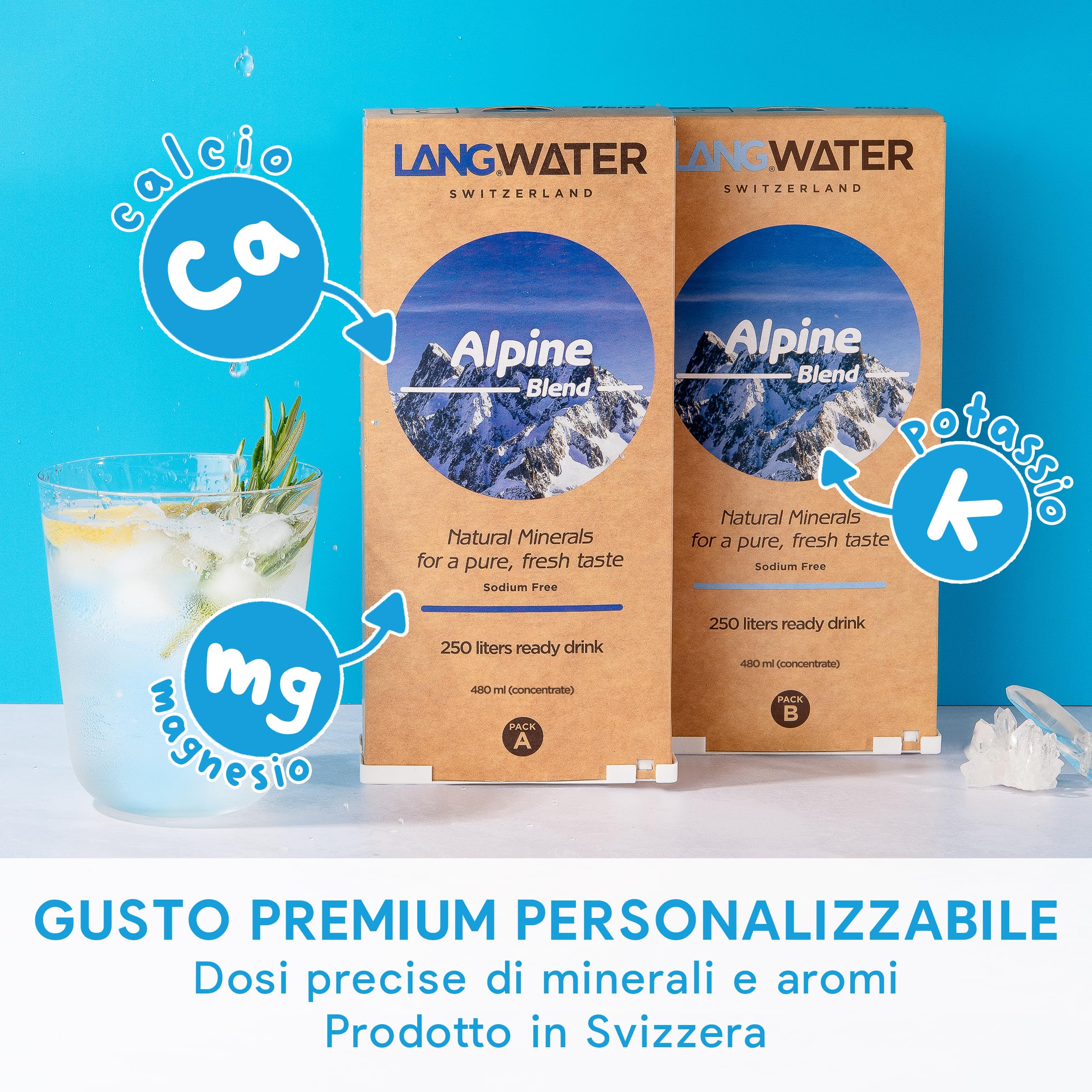 LANGWATER -Depuratore Acqua Domestico Portatile - Osmosi Inversa e Mineralizzazione - Senza Microplastiche - Senza Installazione - Erogatore di Acqua Calda - Con Filtri 2 packs Minerali, 1 Limone
