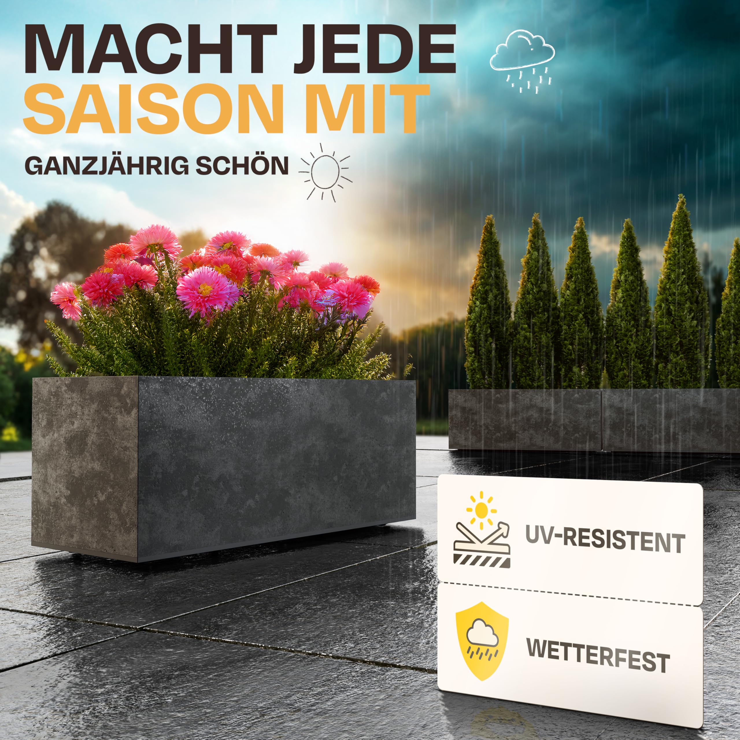 Ondis24 Pflanzkübel Blumenkübel Blumentopf Basalt 100cm, Beton Optik mit Wasserspeicher, Pflanzenkasten hoch, Winterfest (Beton Anthrazit)