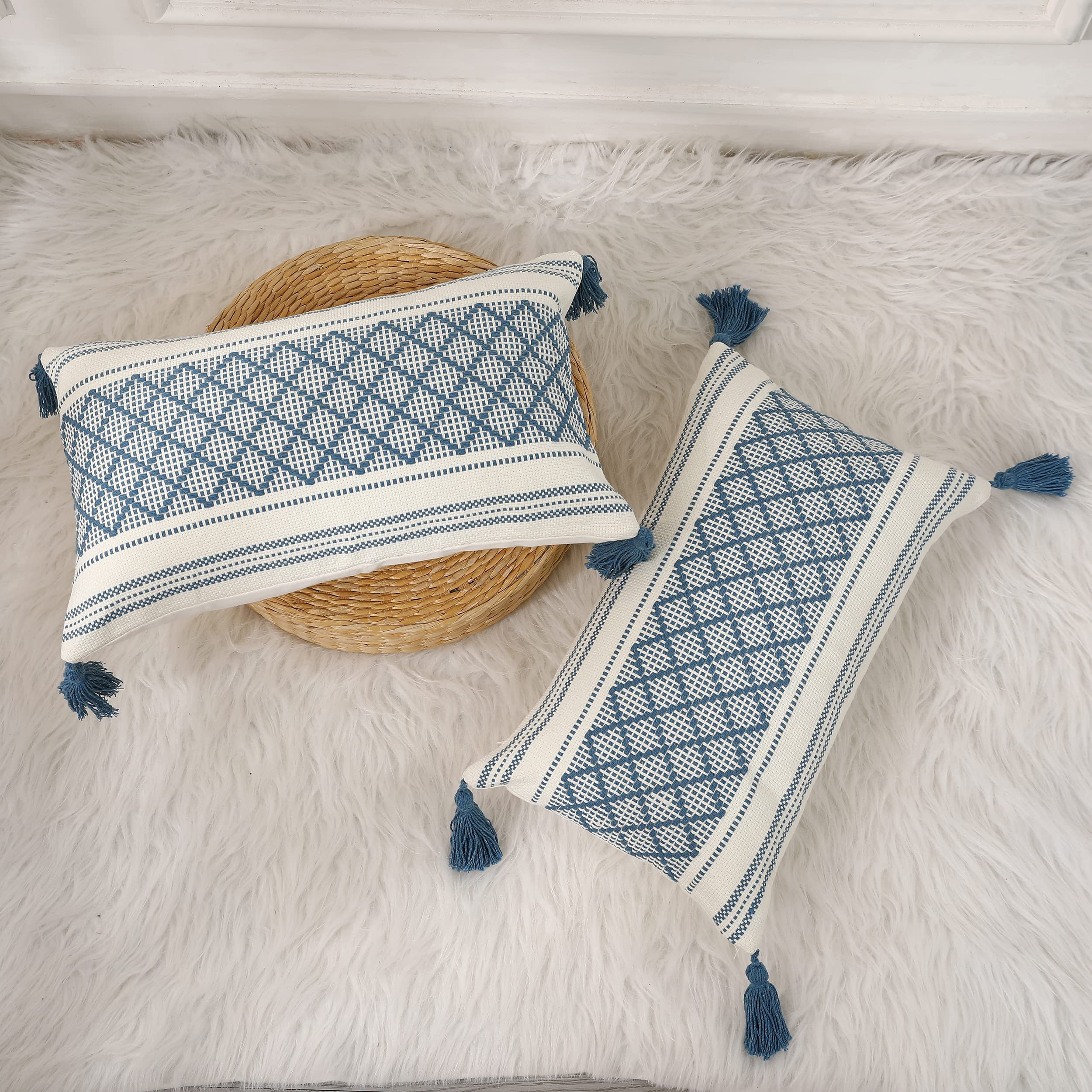 PANOD Set Di 2 Federe Decorative Bohémien Con Nappe - Cuscini Giallo E Bianco, Stile Jacquard, 30x50 Cm