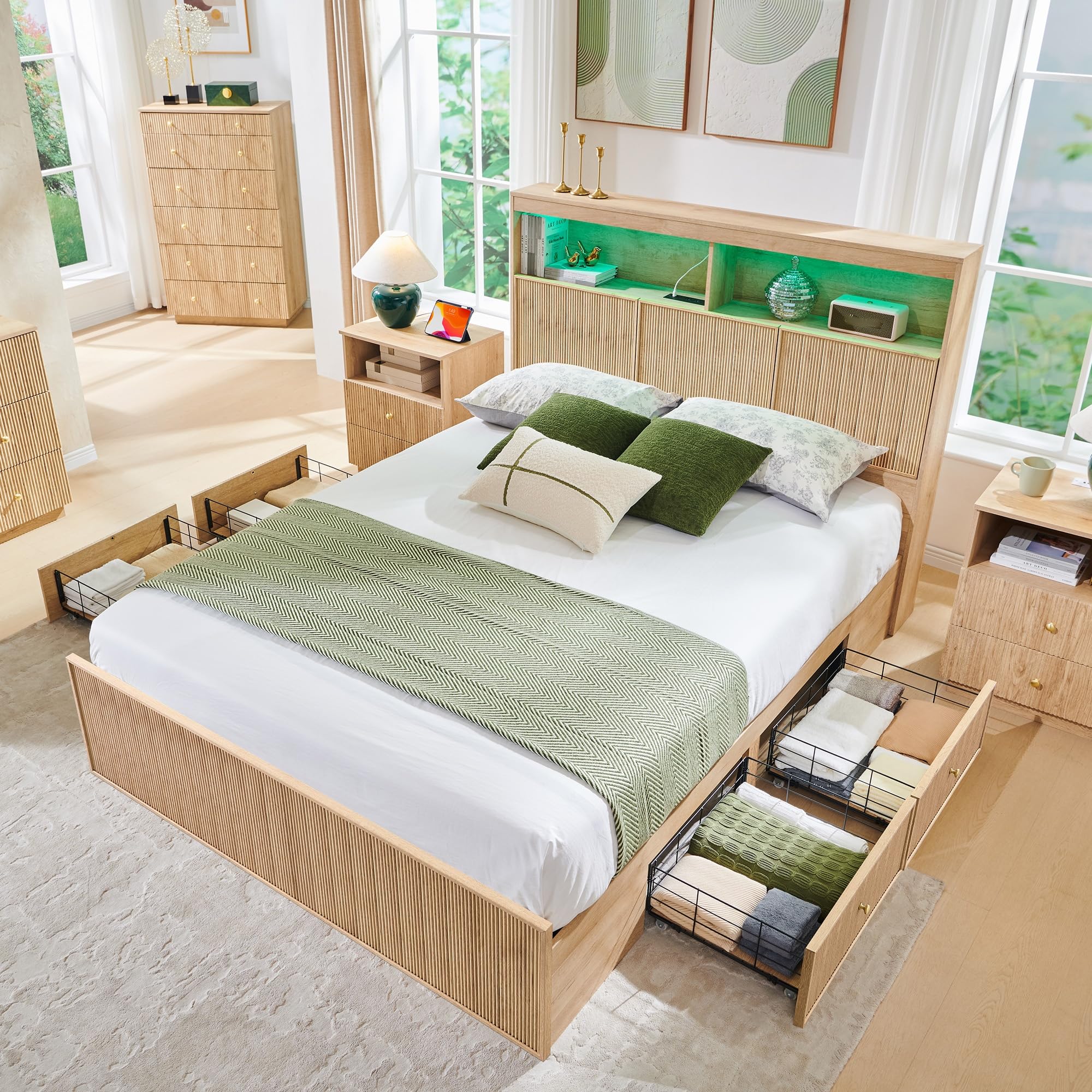 Fluted Queen Size Bed Frame with 50" Tall Headboard & 4 Drawers, Wooden Platform Bed Frame W/LED Lights and Storage Charging Station Headboard, 20" Tall Footboard No Box Spring Needed, Natural