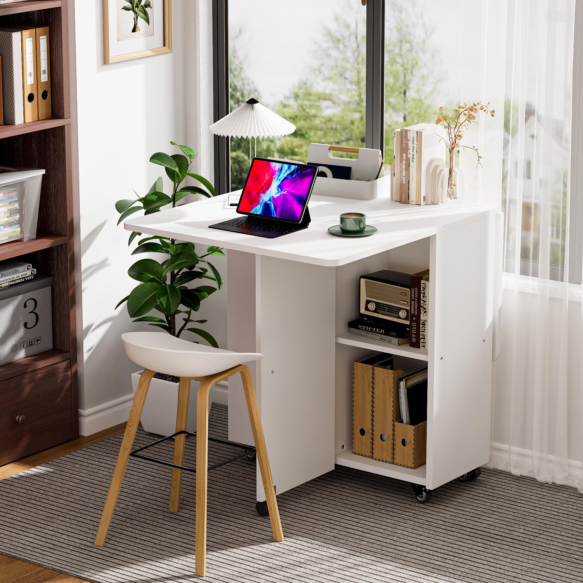 Mesa de comedor plegable con ruedas, mesa de cocina para 4 a 6 personas con gran mueble de almacenamiento, ideal pequeño espacio de cocina, comedor, 120 x 70 cm, color blanco