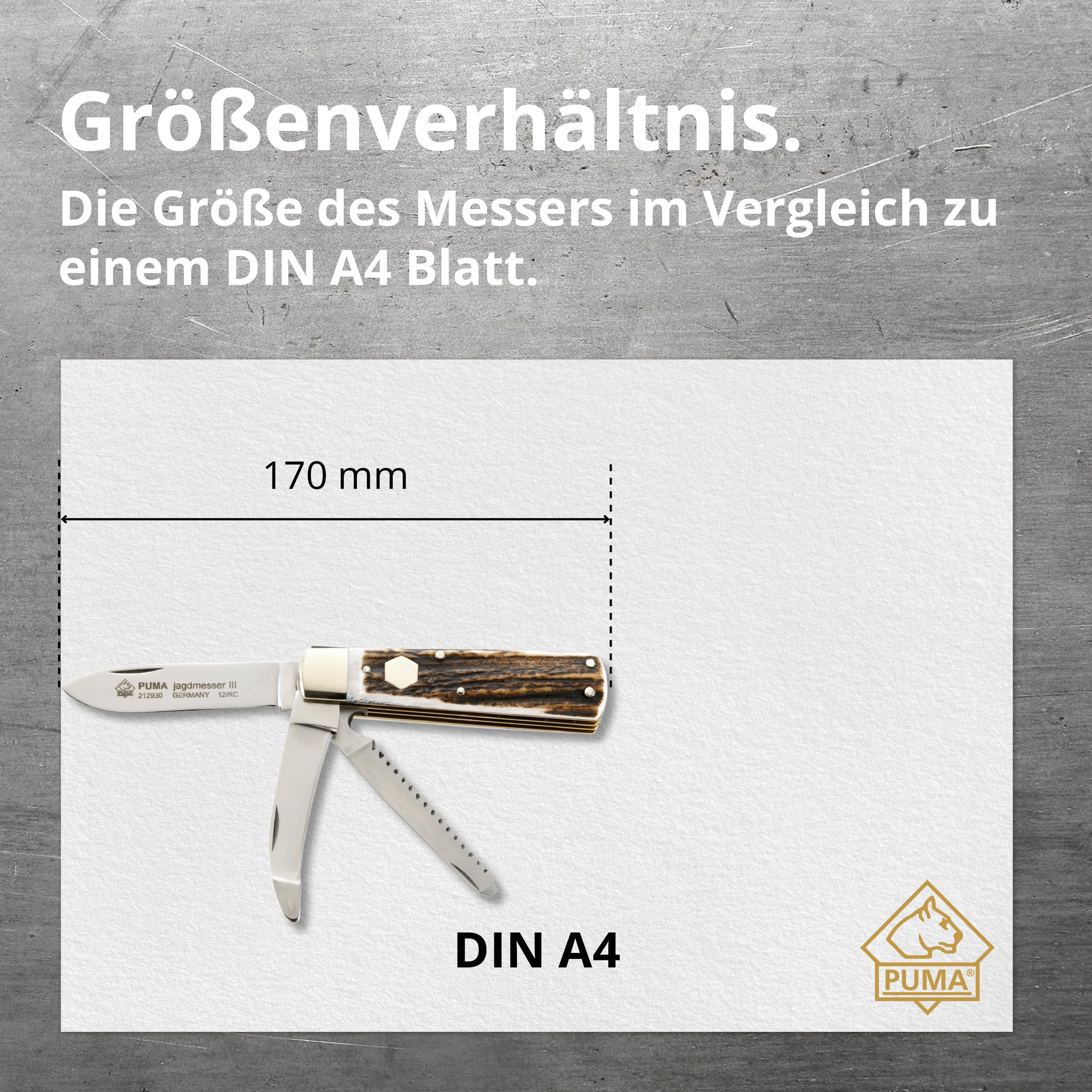 PUMA – Jagdtaschenmesser III - 76mm Klinge aus deutschem Stahl 1.4110 - Mit Knochensäge & Aufbrechklinge - Hirschhornschalen mit Gravurplatte - Handgefertigt in Solingen (Art.Nr.: 212930)