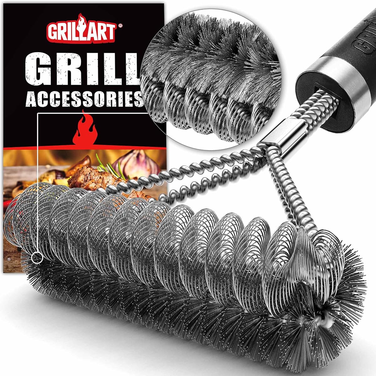 Grill Brush [Wire + Helix] Combined BBQ Brush - Safe & Efficient Grill Cleaning Brush - 18" Grill Cleaner Brush Scrubber for Gas/Porcelain/Charbroil Grates – BBQ Accessories Gifts for Men/Dad