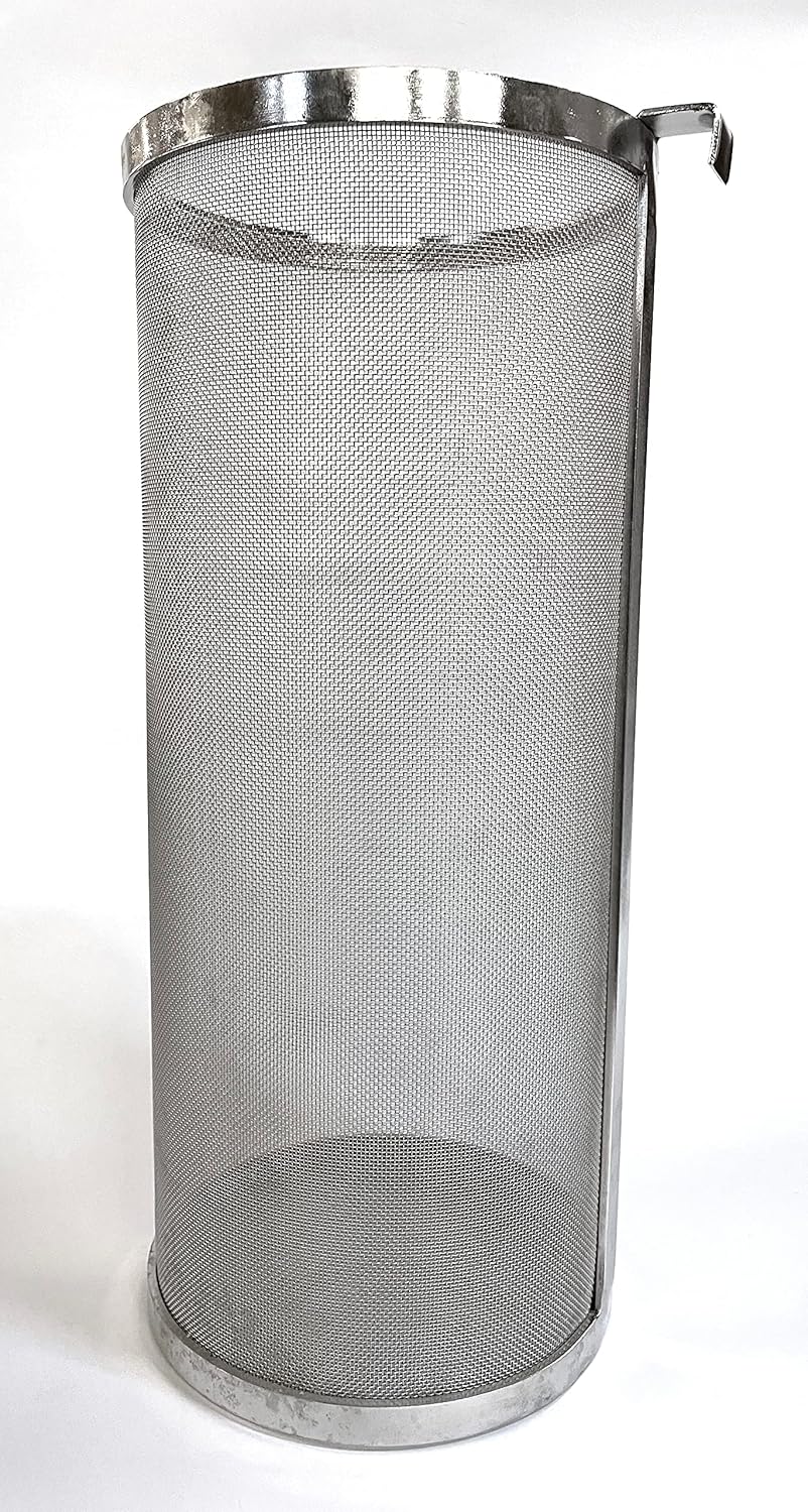 North Mountain Supply Beer Hop Stainless Steel Strainer with Hook – 6" x 14" Hop Filter – 300–400 Micron Mesh – for Home Brewing – Food Grade