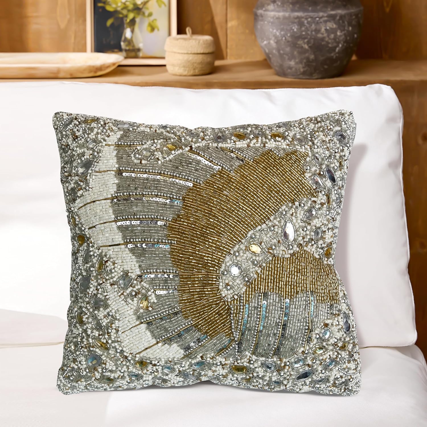 Luxury Hand Pillow Covers-Beaded Square Cushion Cover - 14x14 inch Throw Pillow with Elegant Wings Design - Handmade Accent Pillow - Silver Gold Multi