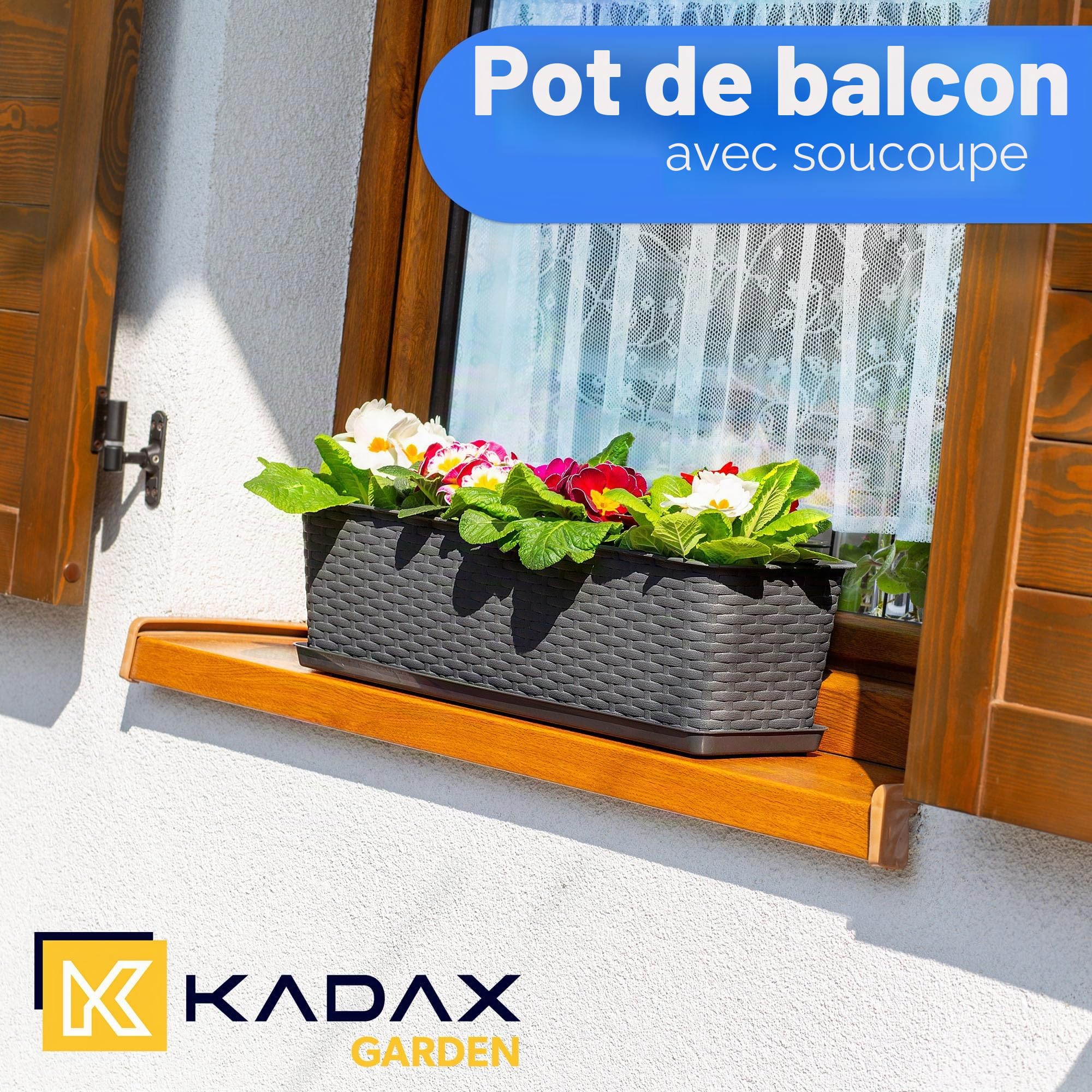 KADAX jardinière Lezucha 40 cm avec Soucoupe - Anthracite Plastique Aspect rotin - pour Balcon - Soucoupe récupératrice et Trous de Drainage Anti-débordement pour l’arrosage