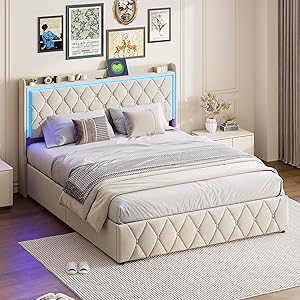 Cama doble tapizada de 140 x 200 cm con 2 cabeceros USB-C y LED, espacio de almacenamiento con espacio de almacenamiento, estructura de cama familiar con marco de metal hidráulico y somier de