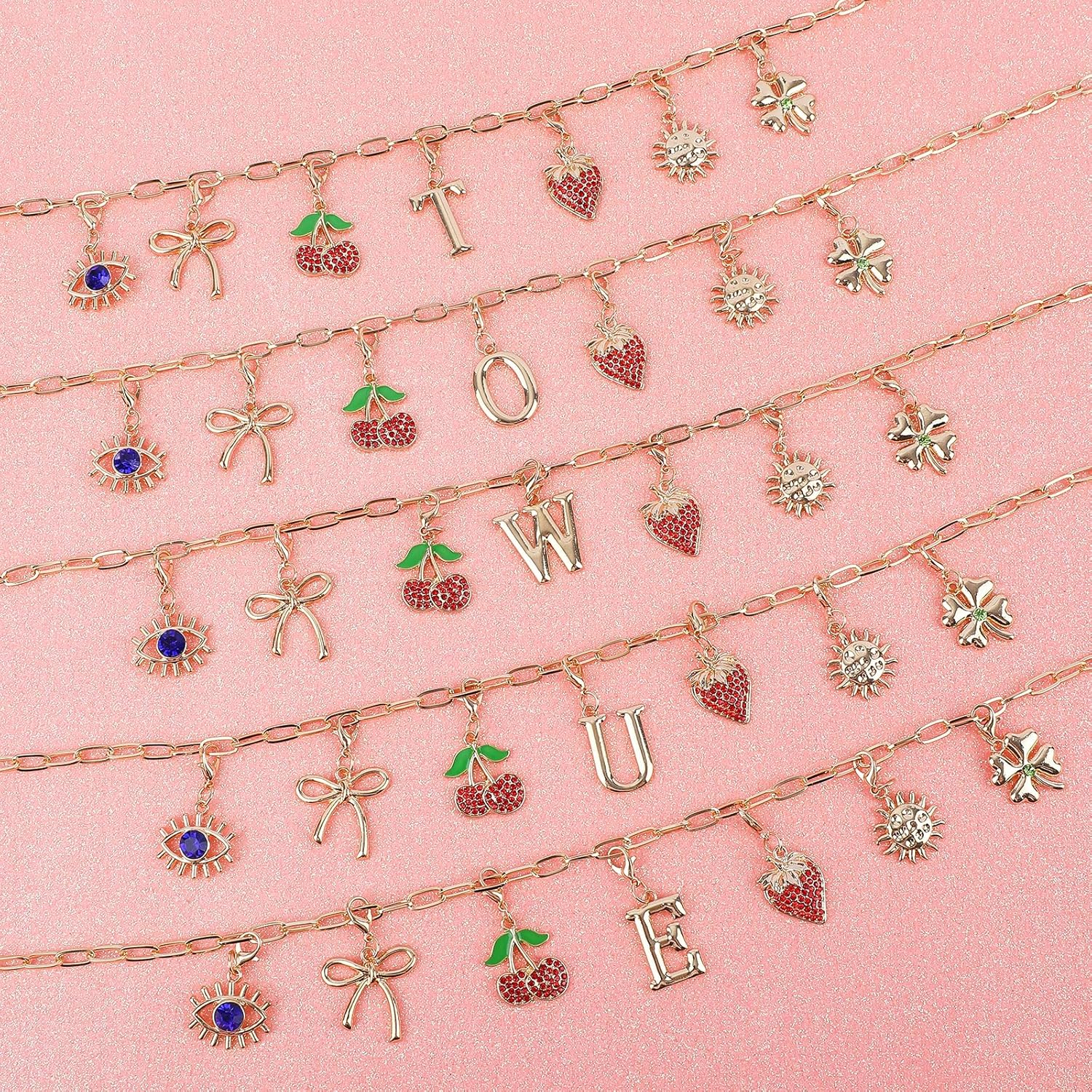 Initial Charm Necklace for Women, Evil Eye Four-Leaf Clover Sun Bow Cherry Strawberry Removable Charms Necklace Paper Clip Chain Choker, Trendy Jewelry Birthday Christmas Gifts for Her (Letter F ) - Image 7