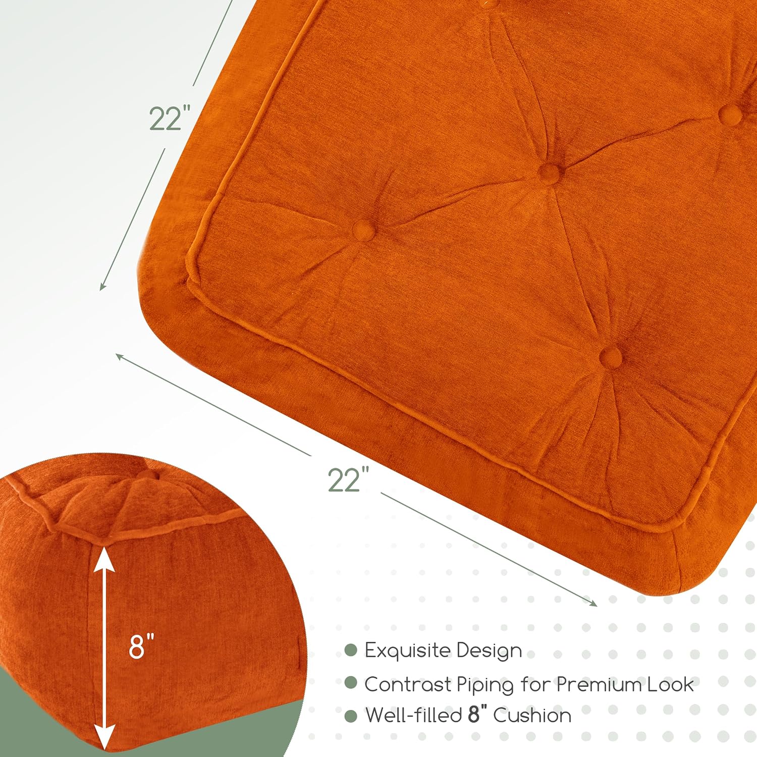 HIGOGOGO 8" Extra Thick Floor Pillow Cushion for Adults, Meditation Cushion Pillow with Handle, Lustrous Chenille Tufted, Square Floor Sitting for Tatami Living Room or Yoga, 22x22 Inch, Orange