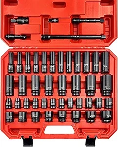 45pcs 1/2" Socket Set, Drive Deep and Shallow Impact Socket Set, Including 3 ", 5", 10" Impact Extension Bar, Universal Joint, Metric(9-32mm),6-Point,Cr-V Steel