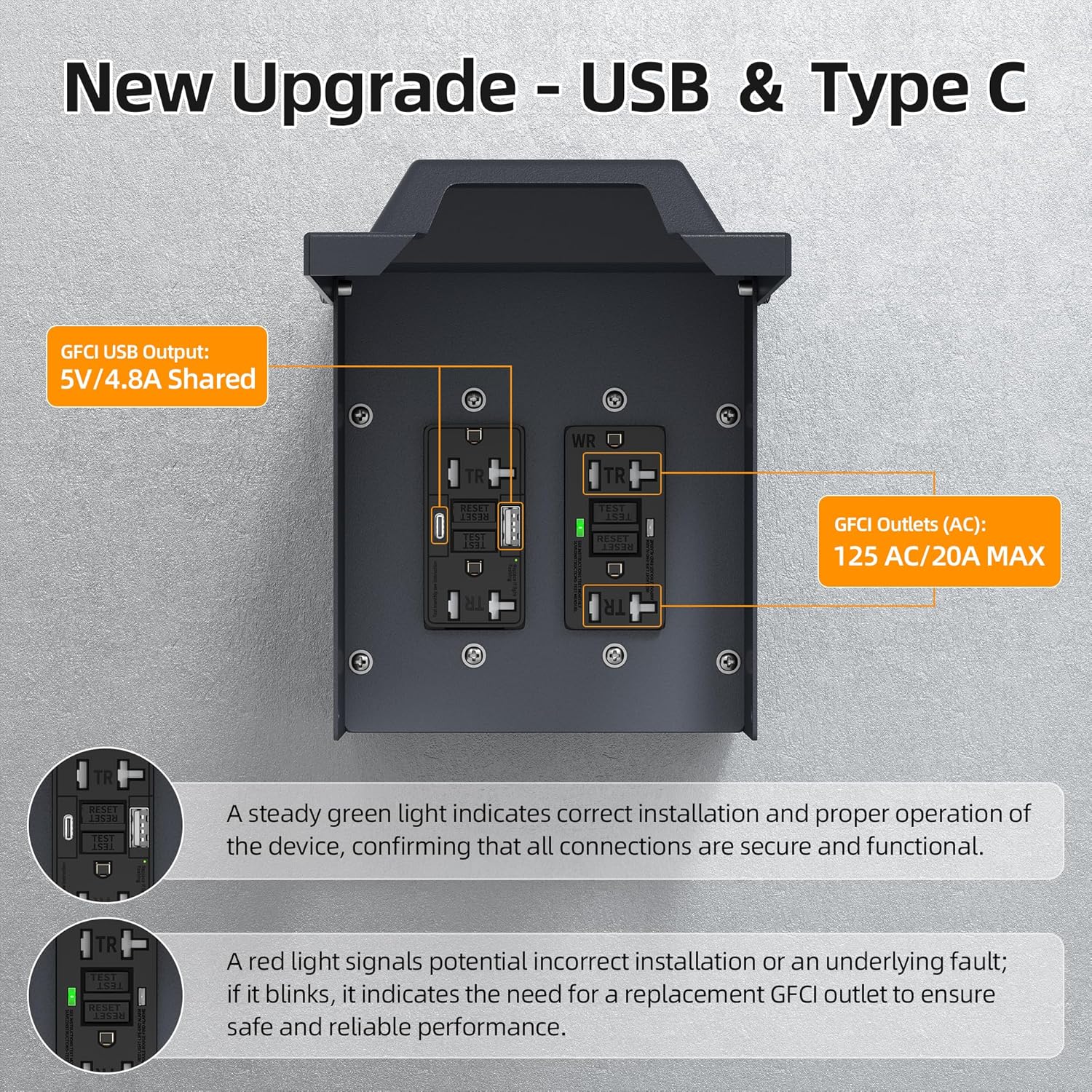 Joinfworld Outdoor Electrical Box, Outdoor GFCI Outlet Box 20 Amp WRTR GFCI Cover with USB＆Type-C Ports Lockable ETL Listed