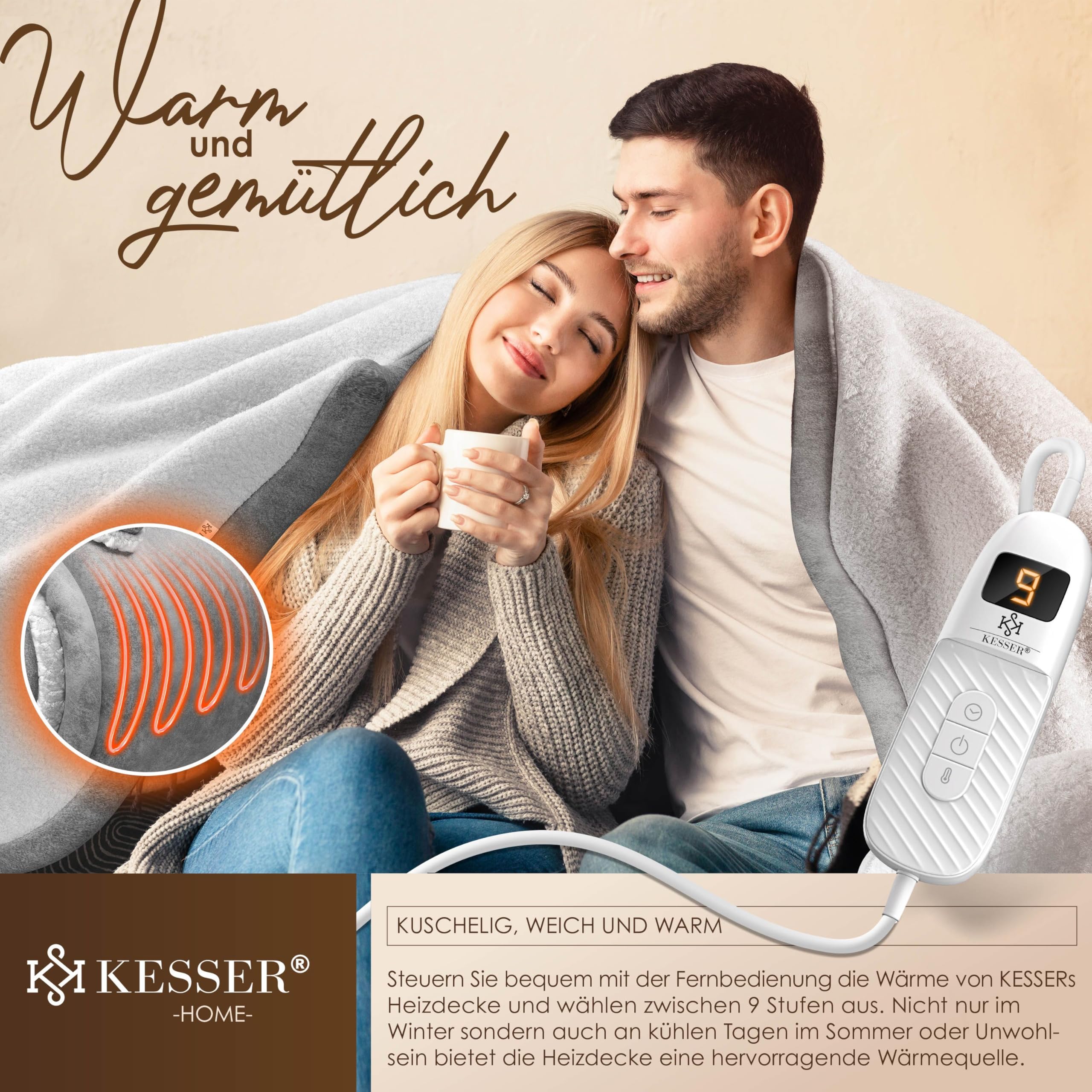 KESSER® Coperta elettrica con spegnimento automatico, 200 x 180 cm, doppia faccia, coperta elettrica per letto, divano, 9 livelli di temperatura, lavabile fino a 40 °C, con timer digitale, colore