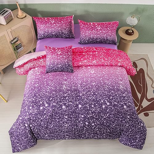 PERFEMET Juego de edredón morado tamaño matrimonial  Juego de ropa de cama de 6 piezas colorido arcoíris para niñas  Cama brillante pastel degradado